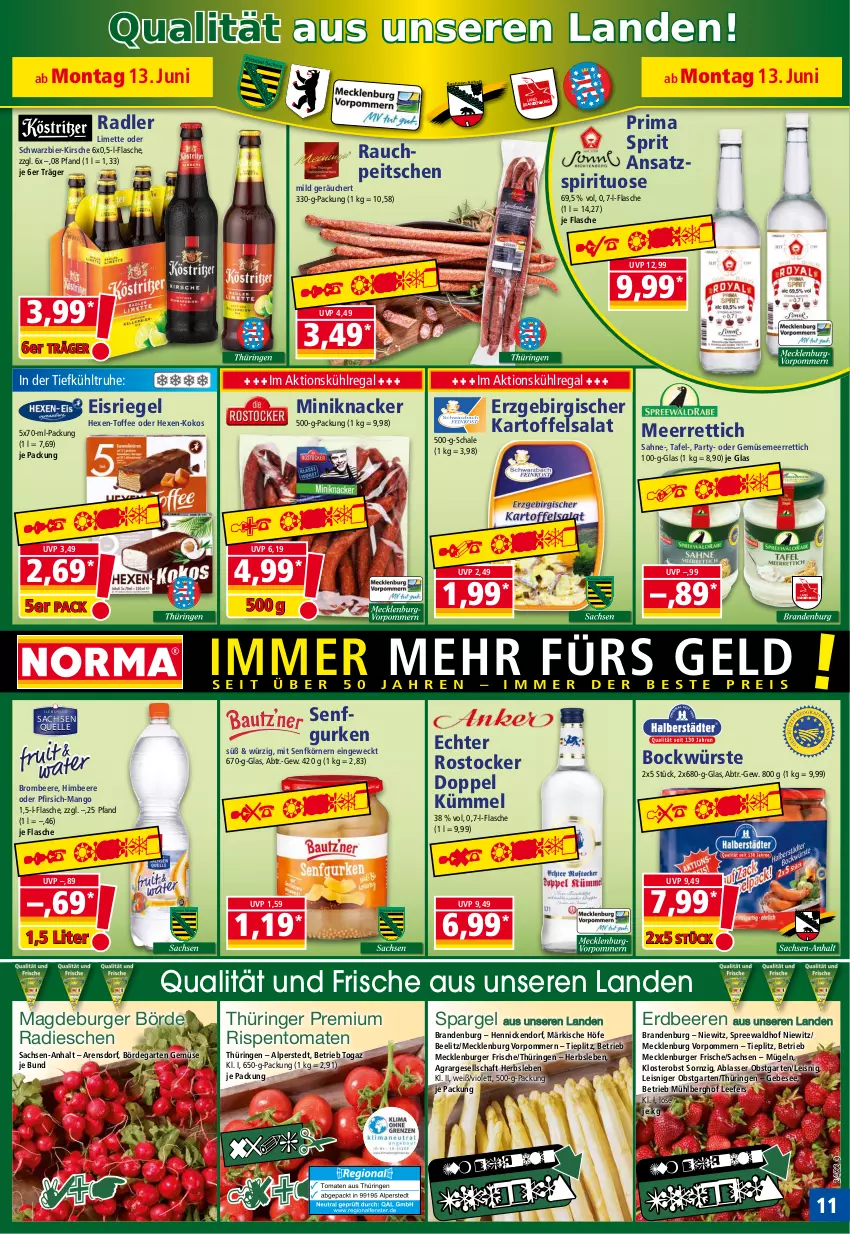 Aktueller Prospekt Norma - Norma - von 13.06 bis 20.06.2022 - strona 11 - produkty: beere, beeren, bier, brombeere, burger, eis, Eisriegel, elle, erdbeere, erdbeeren, flasche, Garten, gurke, gurken, himbeer, himbeere, HP, kartoffel, kartoffelsalat, kirsch, kirsche, knacker, kokos, kühlregal, limette, mango, meerrettich, Mett, obst, obstgarten, pfirsich, radieschen, radler, Rauch, regal, reis, Rettich, riegel, ring, rispentomaten, Rostocker, sac, sahne, salat, Schal, Schale, senf, spargel, spreewaldhof, Ti, tiefpreis, tomate, tomaten, weck