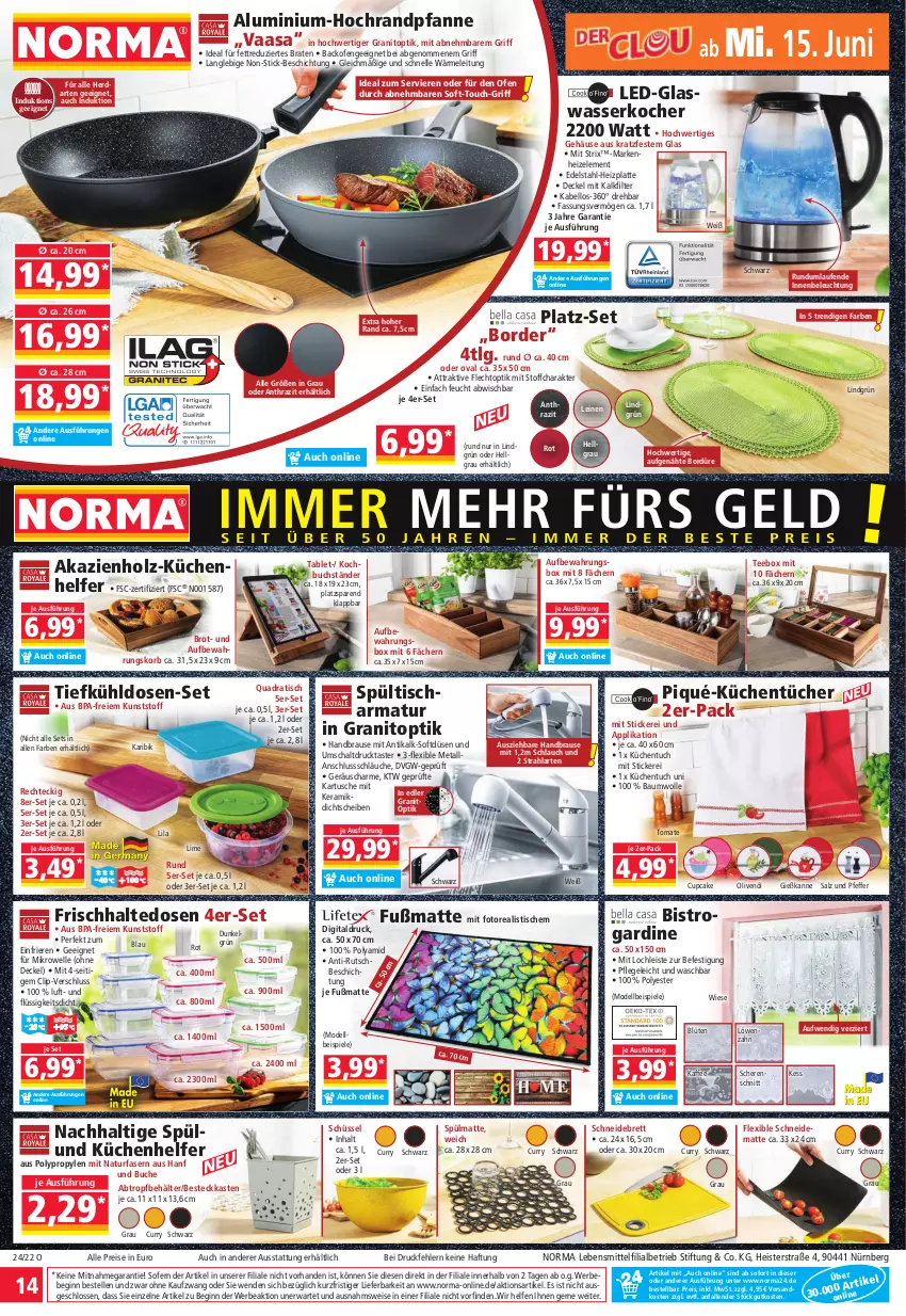 Aktueller Prospekt Norma - Norma - von 13.06 bis 20.06.2022 - strona 14 - produkty: armatur, aufbewahrungsbox, backofen, Bau, baumwolle, Bebe, Behälter, beleuchtung, besteck, Blüte, braten, brause, brot, buch, curry, decke, Deckel, dell, edelstahl, eis, elle, frischhaltedosen, Fußmatte, Gießkanne, gin, handbrause, herdarten, Holz, kaffee, Kocher, korb, küche, Küchen, Küchenhelfer, küchentücher, latte, Laufen, lebensmittel, leine, LG, mikrowelle, Mode, natur, ndk, Ofen, olive, oliven, olivenöl, pfanne, pfeffer, quad, reis, salz, Schal, Schere, schlauch, schläuche, schneidebrett, schüssel, Spiele, Spültischarmatur, tablet, tee, Ti, tisch, tomate, tuc, tücher, wasser, wasserkocher, wolle