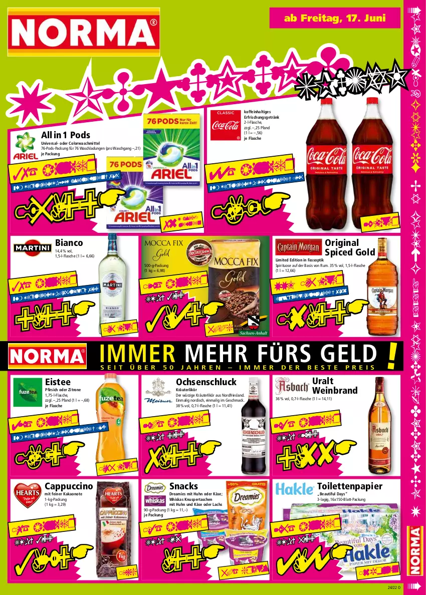 Aktueller Prospekt Norma - Norma - von 13.06 bis 20.06.2022 - strona 15 - produkty: Cap, cappuccino, cin, colorwaschmittel, dreamies, eis, eistee, erfrischungsgetränk, flasche, getränk, gin, kakao, Käse, kräuter, kräuterlikör, lachs, likör, mac, original spiced gold, papier, pfirsich, Pods, rum, snack, snacks, Tasche, taschen, tee, Ti, toilettenpapier, waschmittel, wein, weinbrand, whiskas, zitrone