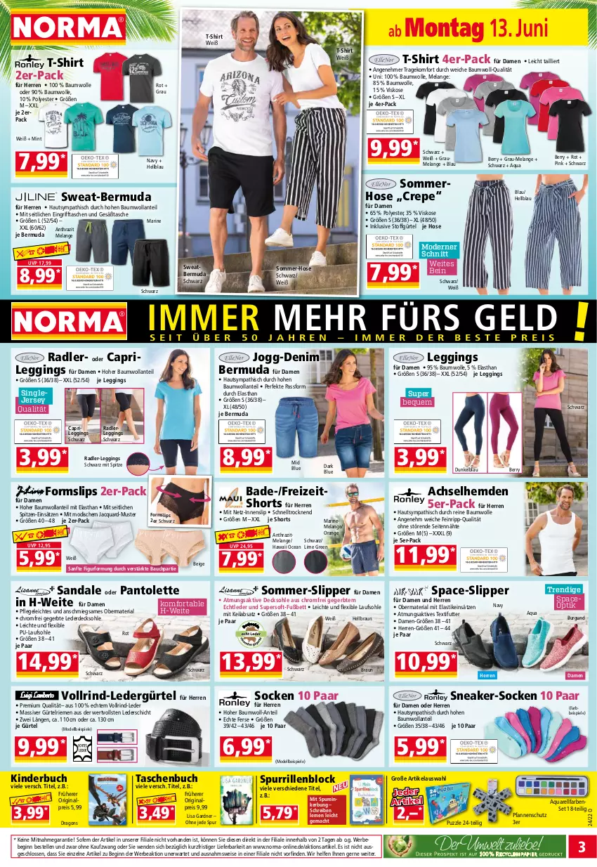 Aktueller Prospekt Norma - Norma - von 13.06 bis 20.06.2022 - strona 3 - produkty: aqua, asti, Bad, Bau, baumwolle, Bebe, bermuda, bett, braun, buch, Cap, decksohle, dell, eis, Elan, elle, erde, gin, hemd, hemden, hose, HP, Kinder, Kinderbuch, leggings, mac, mint, Mode, orange, pantolette, pfanne, pfannen, pril, Puzzle, radler, reine baumwolle, reis, rel, Ria, rind, sandale, shirt, shorts, slip, Slipper, slips, sneaker, socken, Spiele, T-Shirt, Tasche, taschen, Taschenbuch, Ti, wolle