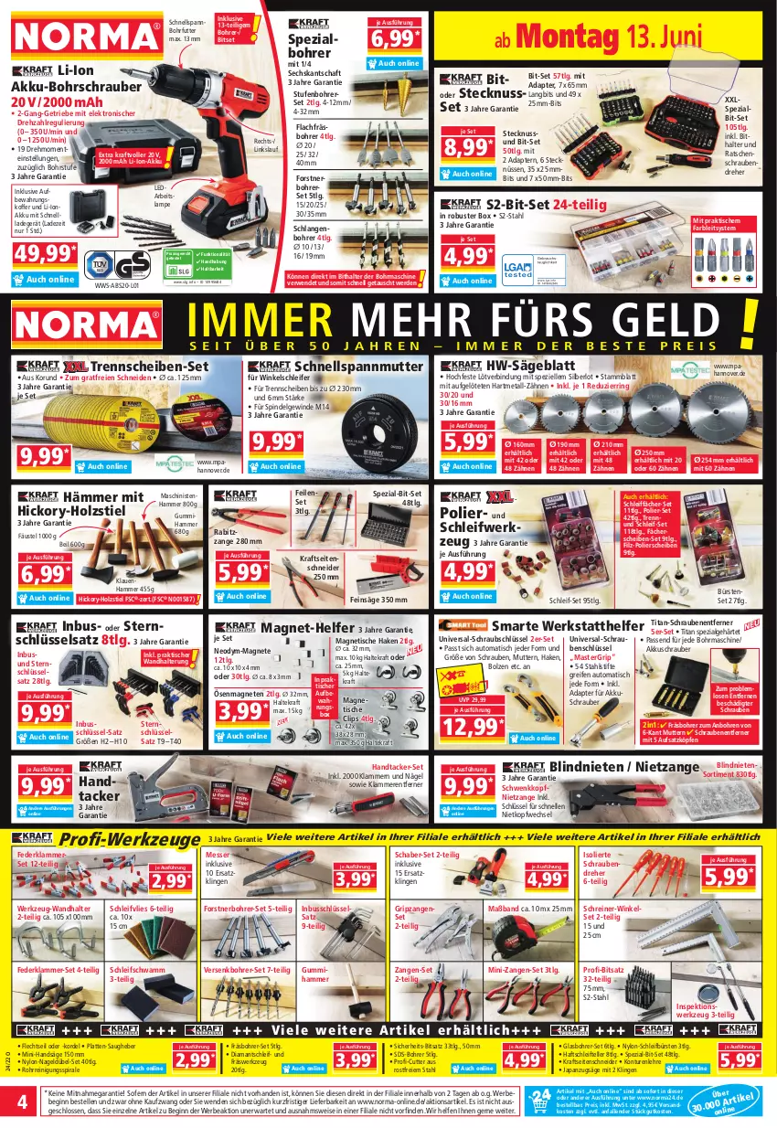 Aktueller Prospekt Norma - Norma - von 13.06 bis 20.06.2022 - strona 4 - produkty: adapter, akku, akku-bohrschrauber, akkuschrauber, Anzug, aufbewahrungskoffer, auto, Bebe, Bitset, Bohrer-Set, Bohrerset, Bohrschrauber, bürste, bürsten, eis, Elektro, elle, ente, erde, gin, Holz, Klammern, koffer, kraft, ladegerät, lamm, Lampe, latte, LG, li-ion-akku, messer, ndk, nuss, Rabitzzange, reifen, Reinigung, reis, ring, rwe, säge, schnellladegerät, schrauben, Schraubendreher, schwamm, Seitenschneide, Spezi, stifte, teller, Ti, tisch, wandhalterung, werkzeug, werkzeuge, Winkelschleifer, Zangen