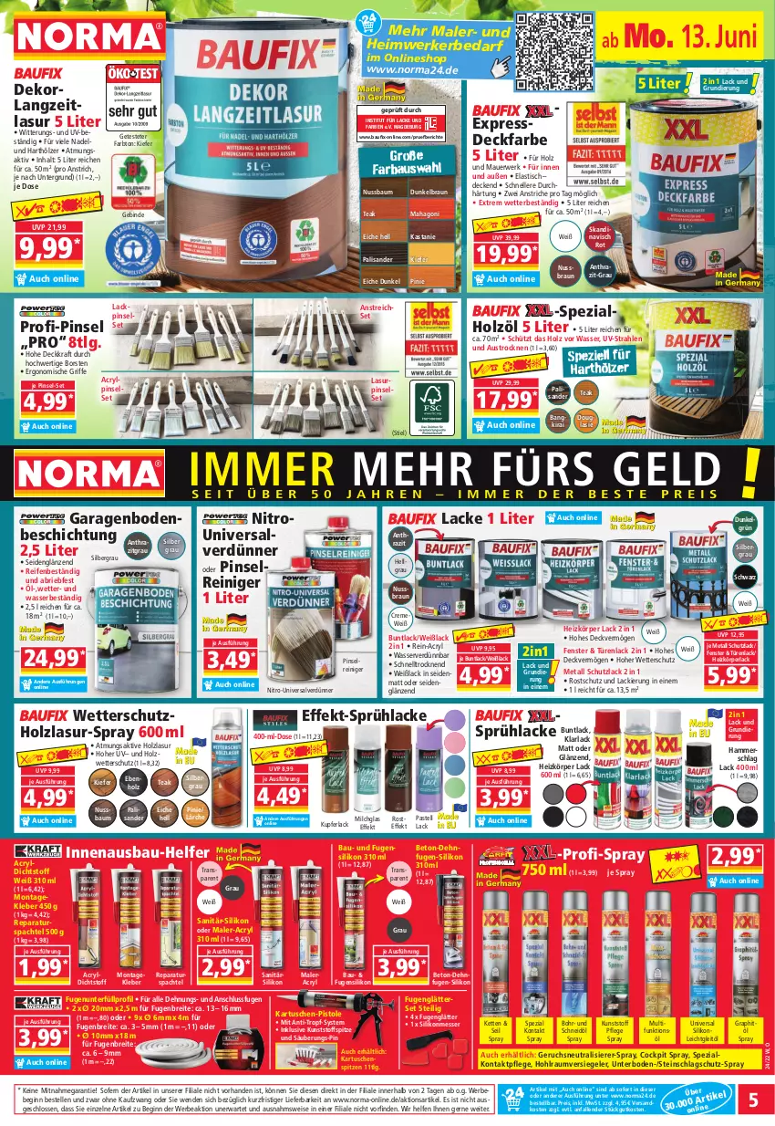 Aktueller Prospekt Norma - Norma - von 13.06 bis 20.06.2022 - strona 5 - produkty: arla, asti, auer, aust, Bau, Bebe, Bodenbeschichtung, braun, Brei, brie, creme, decke, eis, elle, fenster, Fugenglätter, gin, Holz, holzlasur, Kette, kleber, kraft, lack, Lacke, LG, messer, milch, ndk, Nitro-Universalverdünner, nuss, perla, Pinsel, Pinselset, reifen, reiniger, reis, rwe, spachtel, Spezi, Sprühlack, ssd, Ti, tisch, Universalverdünner, usb, wasser, Weißlack