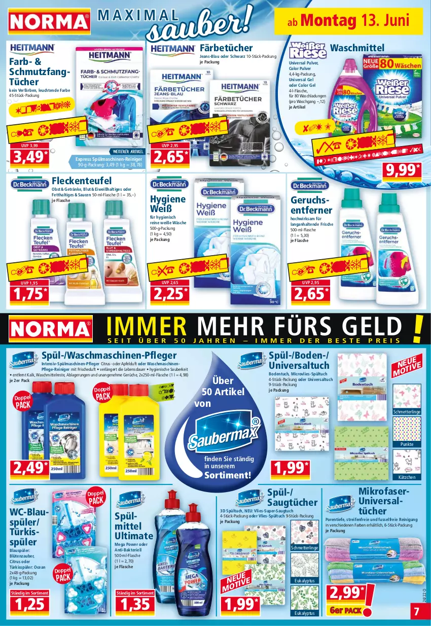 Aktueller Prospekt Norma - Norma - von 13.06 bis 20.06.2022 - strona 7 - produkty: apfel, auer, Blüte, citrus, ente, Fangtücher, flasche, getränk, getränke, Kätzchen, Leuchte, leuchten, Mett, mikrofaser, obst, reifen, reiniger, Reinigung, sauce, saucen, Schmetterling, spülmaschinen, spülmittel, Ti, tuc, tücher, universal gel, universal pulver, waschmaschine, waschmaschinen, waschmittel