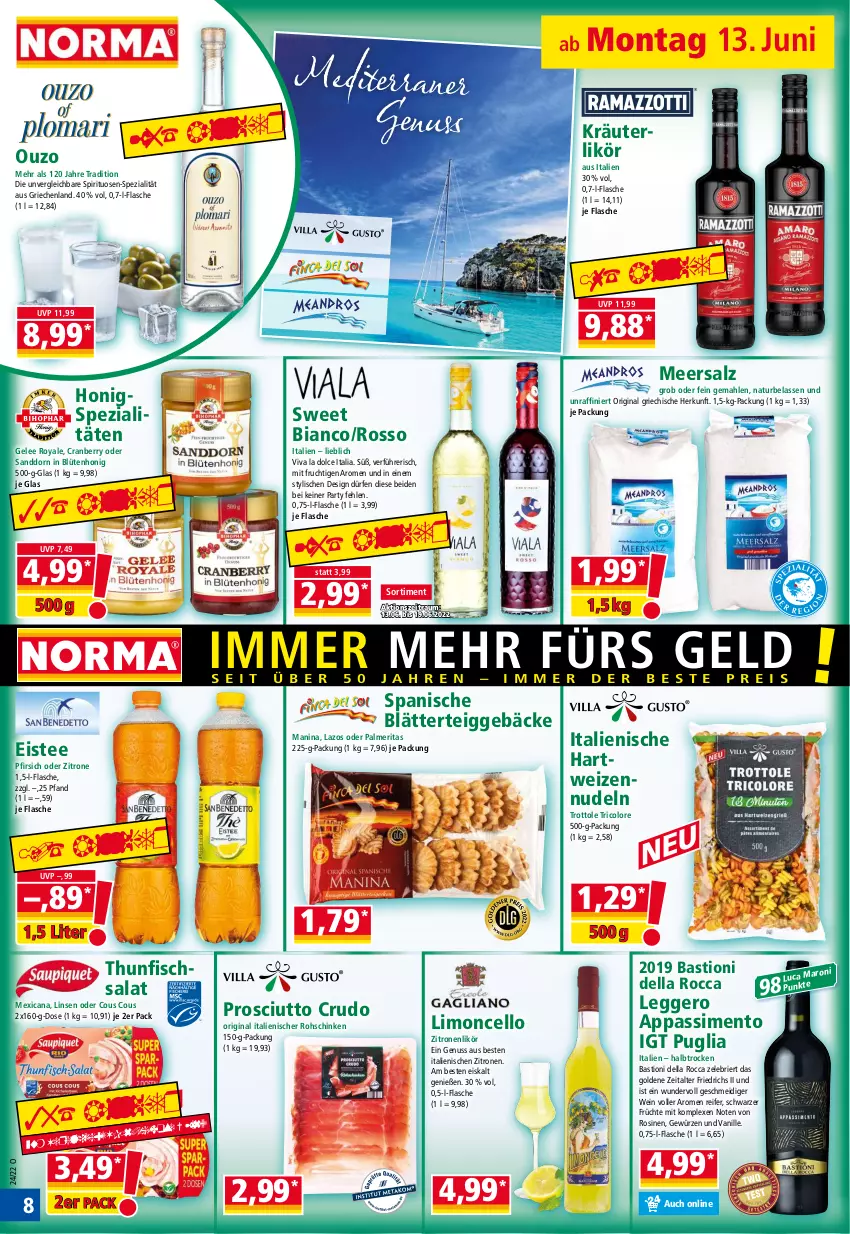 Aktueller Prospekt Norma - Norma - von 13.06 bis 20.06.2022 - strona 8 - produkty: asti, blätterteig, blätterteiggebäck, Blüte, blütenhonig, brie, Cous Cous, cranberry, dell, Egger, eis, eistee, fisch, flasche, frucht, früchte, gelee, gewürz, gin, hartweizen, honig, kräuter, kräuterlikör, likör, limo, linsen, meersalz, mit frucht, natur, nudel, nudeln, nuss, ouzo, pfirsich, prosciutto, prosciutto crudo, rohschinken, salat, salz, sanddorn, schinken, sim, Spezi, spirituosen, tee, thunfisch, Thunfischsalat, Ti, tricolore, vanille, wein, zitrone, zitronen