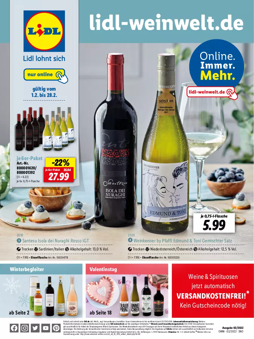 Aktueller Prospekt Lidl - Beste Weine für jeden Anlass - von 28.01 bis 01.03.2022 - strona 1 - produkty: alkohol, angebot, angebote, auto, bio, eis, flasche, Gemischter Satz, gutschein, HP, korb, lebensmittel, LG, ndk, SANTE, spirituosen, Ti, tisch, versandkostenfrei, wein, weine