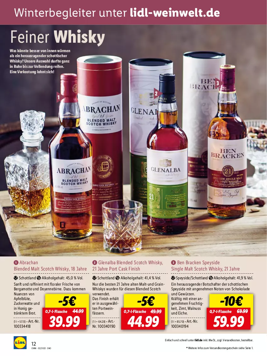 Aktueller Prospekt Lidl - Beste Weine für jeden Anlass - von 28.01 bis 01.03.2022 - strona 12 - produkty: alkohol, apfel, Bergamotte, blended scotch, blended scotch whisky, Blüte, brot, Finish, flasche, frucht, gewürz, gutschein, honig, LG, ndk, Nuance, nuss, Portwein, reifen, rwe, schoko, schokolade, schott, scotch, scotch whisky, single malt, Ti, tisch, walnuss, wein, whisky, zucker