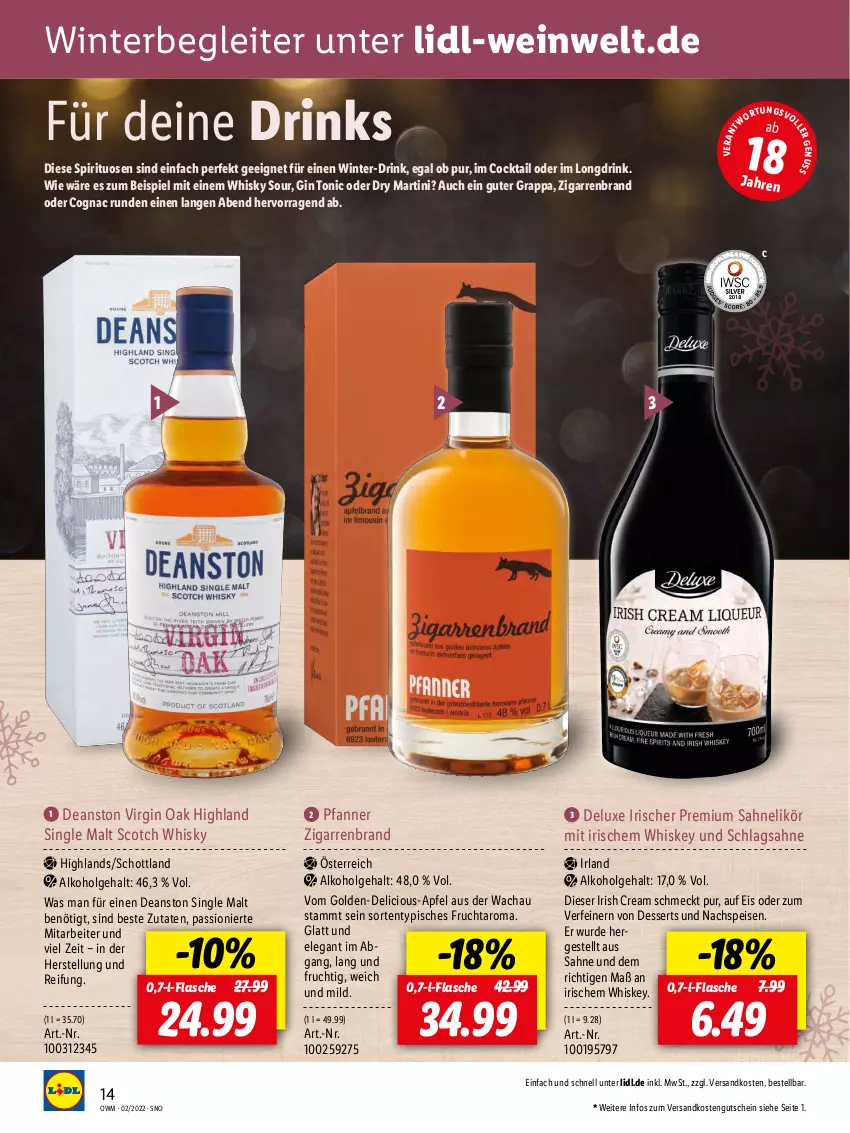 Aktueller Prospekt Lidl - Beste Weine für jeden Anlass - von 28.01 bis 01.03.2022 - strona 14 - produkty: apfel, cocktail, Cognac, dessert, desserts, drink, drinks, eis, flasche, frucht, gin, grappa, gutschein, irish cream, LG, likör, martini, ndk, pfanne, Pfanner, sahne, schlagsahne, schott, scotch, scotch whisky, single malt, spirituosen, Ti, tonic, wein, whiskey, whisky