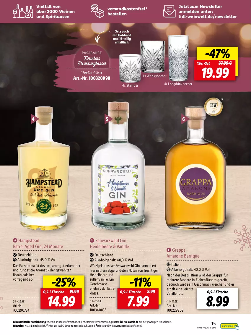 Aktueller Prospekt Lidl - Beste Weine für jeden Anlass - von 28.01 bis 01.03.2022 - strona 15 - produkty: alkohol, amaro, Becher, beere, drink, eis, elle, flasche, frucht, gin, Gläser, grappa, heidelbeere, lebensmittel, LG, mac, milch, ndk, rel, saro, spirituosen, Ti, vanille, versandkostenfrei, wein, weine, whisky, Whiskybecher