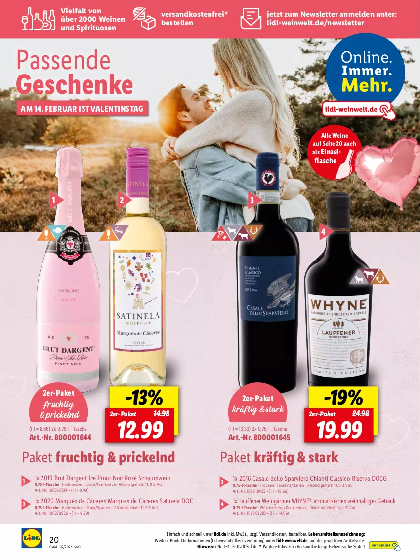 Aktueller Prospekt Lidl - Beste Weine für jeden Anlass - von 28.01 bis 01.03.2022 - strona 20 - produkty: alkohol, brut, brut dargent, chia, chianti, classico, dell, eis, elle, flasche, frucht, getränk, gutschein, lebensmittel, LG, ndk, Pinot, pinot noir, rioja, riserva, spirituosen, Ti, versandkostenfrei, wein, weine