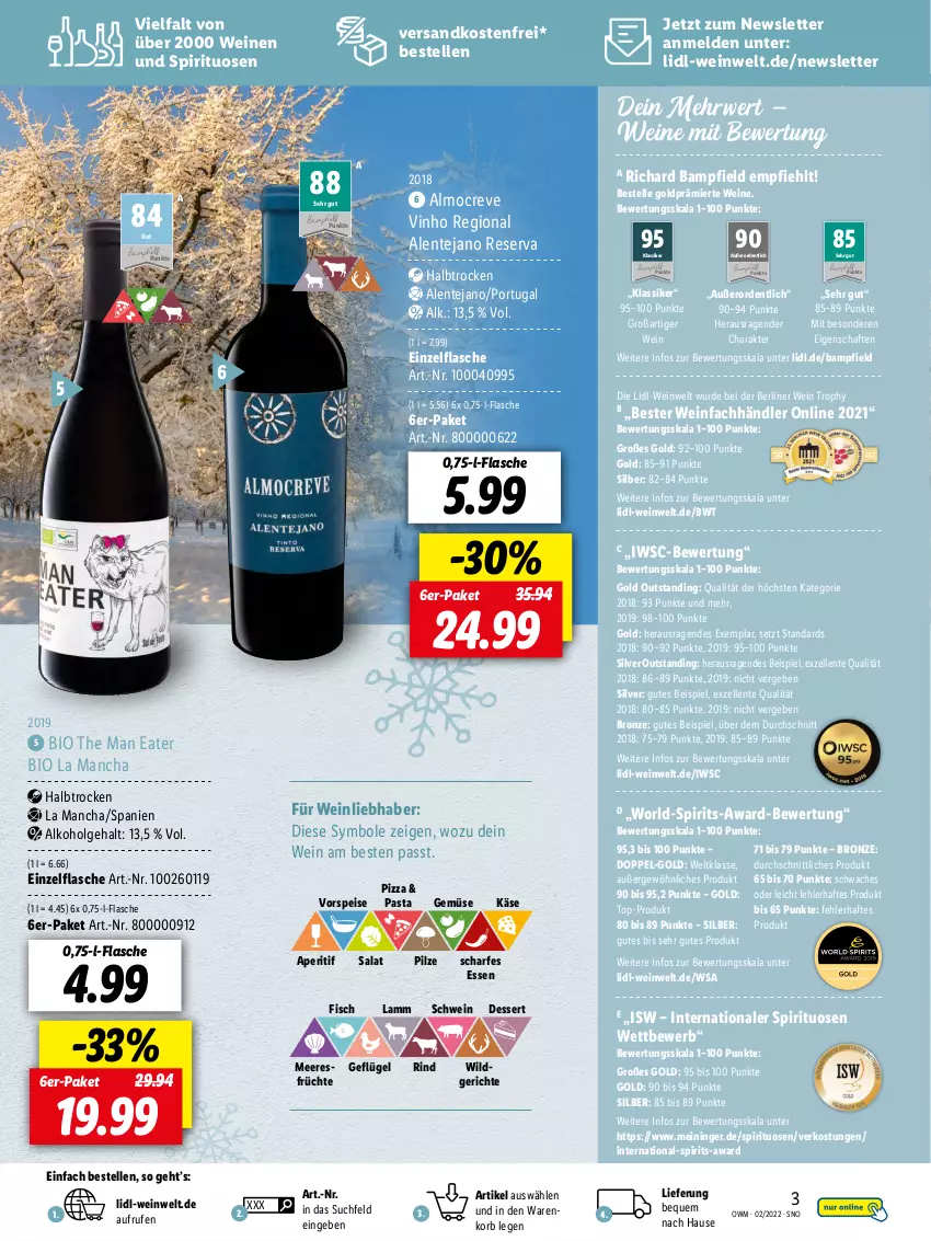 Aktueller Prospekt Lidl - Beste Weine für jeden Anlass - von 28.01 bis 01.03.2022 - strona 3 - produkty: alkohol, aperitif, berliner, bio, dessert, eis, elle, ente, fisch, flasche, früchte, Geflügel, Käse, korb, lamm, LG, meeresfrüchte, ndk, pasta, pilze, pizza, rind, rwe, salat, schwein, spirituosen, Ti, versandkostenfrei, vorspeise, wein, weine, Wild