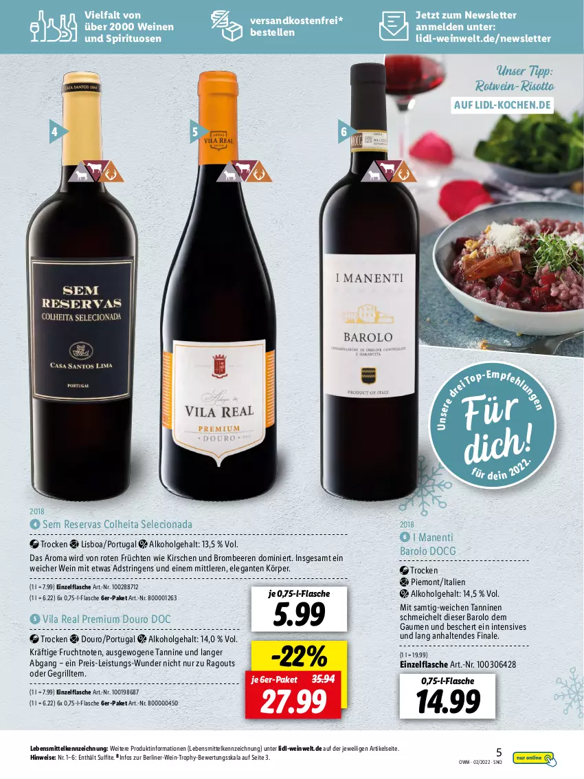 Aktueller Prospekt Lidl - Beste Weine für jeden Anlass - von 28.01 bis 01.03.2022 - strona 5 - produkty: alkohol, Barolo, beere, beeren, berliner, brombeere, brombeeren, eis, elle, flasche, frucht, früchte, früchten, grill, kirsch, kirsche, kirschen, lebensmittel, LG, ndk, Ragout, reis, ring, risotto, rotwein, spirituosen, String, Ti, versandkostenfrei, wein, weine