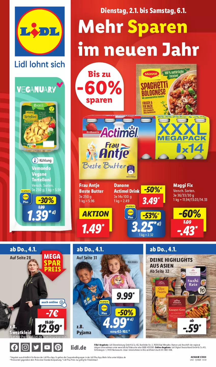 Aktueller Prospekt Lidl - Aktionsprospekt - von 02.01 bis 06.01.2024 - strona 1 - produkty: actimel, actimel drink, angebot, angebote, Bad, beste butter, bio, butter, coupon, danone, drink, eis, frau antje, kleid, maggi, maggi fix, preisvorteil, Pyjama, reis, Sweatkleid, Ti, torte, tortelloni, ZTE