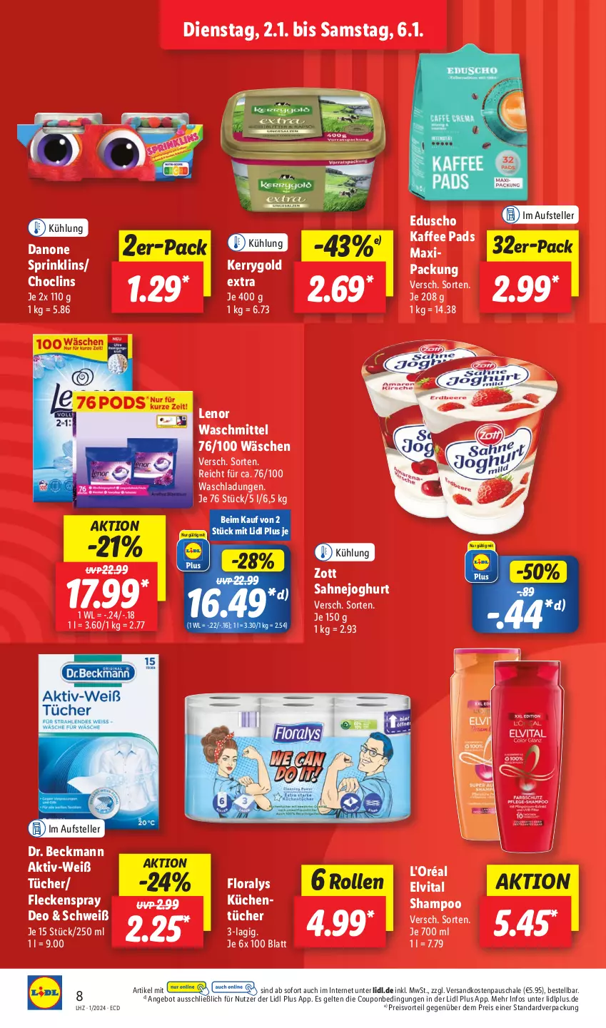 Aktueller Prospekt Lidl - Aktionsprospekt - von 02.01 bis 06.01.2024 - strona 10 - produkty: angebot, Clin, coupon, danone, deo, Dr. Beckmann, eduscho, eis, elle, elvital, Floralys, joghur, joghurt, kaffee, kerrygold, kerrygold extra, küche, Küchen, küchentücher, lenor, lenor waschmittel, ndk, preisvorteil, reis, sahne, Sahnejoghurt, Schal, Schale, shampoo, teller, Ti, tücher, vita, waschmittel, zott