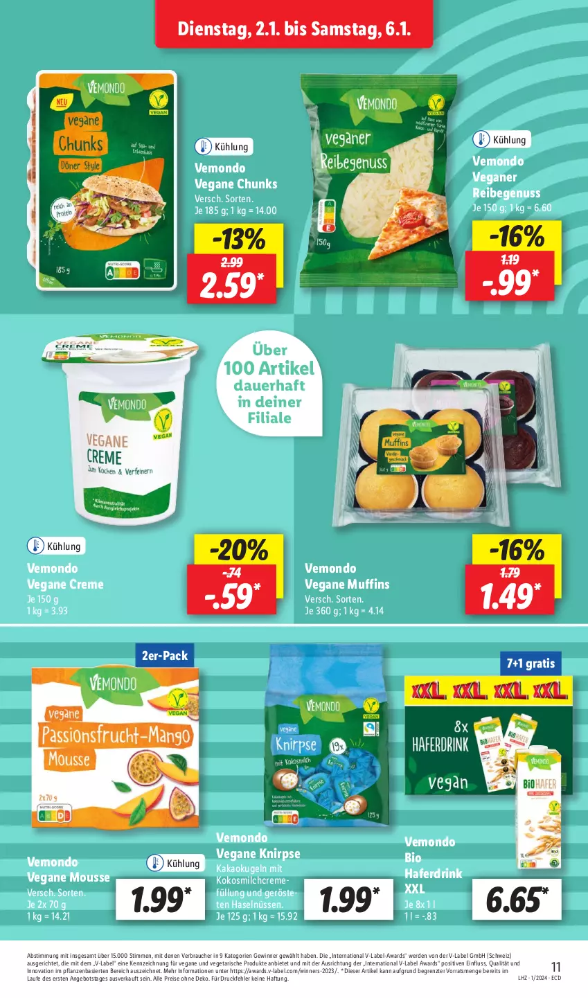 Aktueller Prospekt Lidl - Aktionsprospekt - von 02.01 bis 06.01.2024 - strona 15 - produkty: angebot, auer, bio, creme, drink, eis, erde, hafer, Haferdrink, kakao, kokos, kokosmilch, Kugel, milch, mousse, Muffin, muffins, nuss, pflanze, pflanzen, Rauch, reis, Ti, Vegeta, ZTE