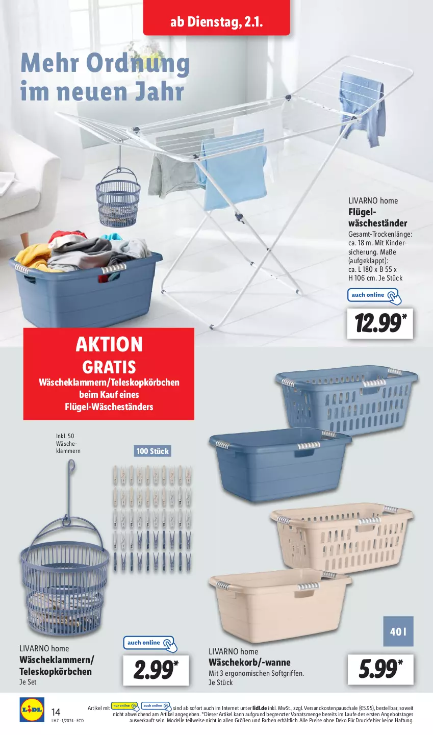 Aktueller Prospekt Lidl - Aktionsprospekt - von 02.01 bis 06.01.2024 - strona 20 - produkty: angebot, dell, eis, elle, Kinder, Klammern, korb, Körbchen, lamm, Mode, ndk, reis, Schal, Schale, Teleskop, Ti, Wanne, wäschekorb, ZTE