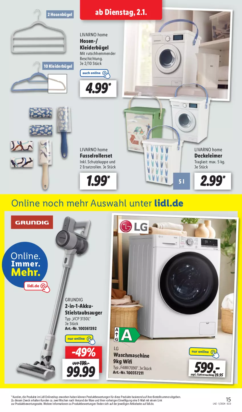 Aktueller Prospekt Lidl - Aktionsprospekt - von 02.01 bis 06.01.2024 - strona 21 - produkty: akku, bügel, decke, Deckel, eimer, grundig, hose, hosen, kleid, kleider, kleiderbügel, leimer, LG, Roller, staubsauger, Stielstaubsauger, Ti, waschmaschine, weck