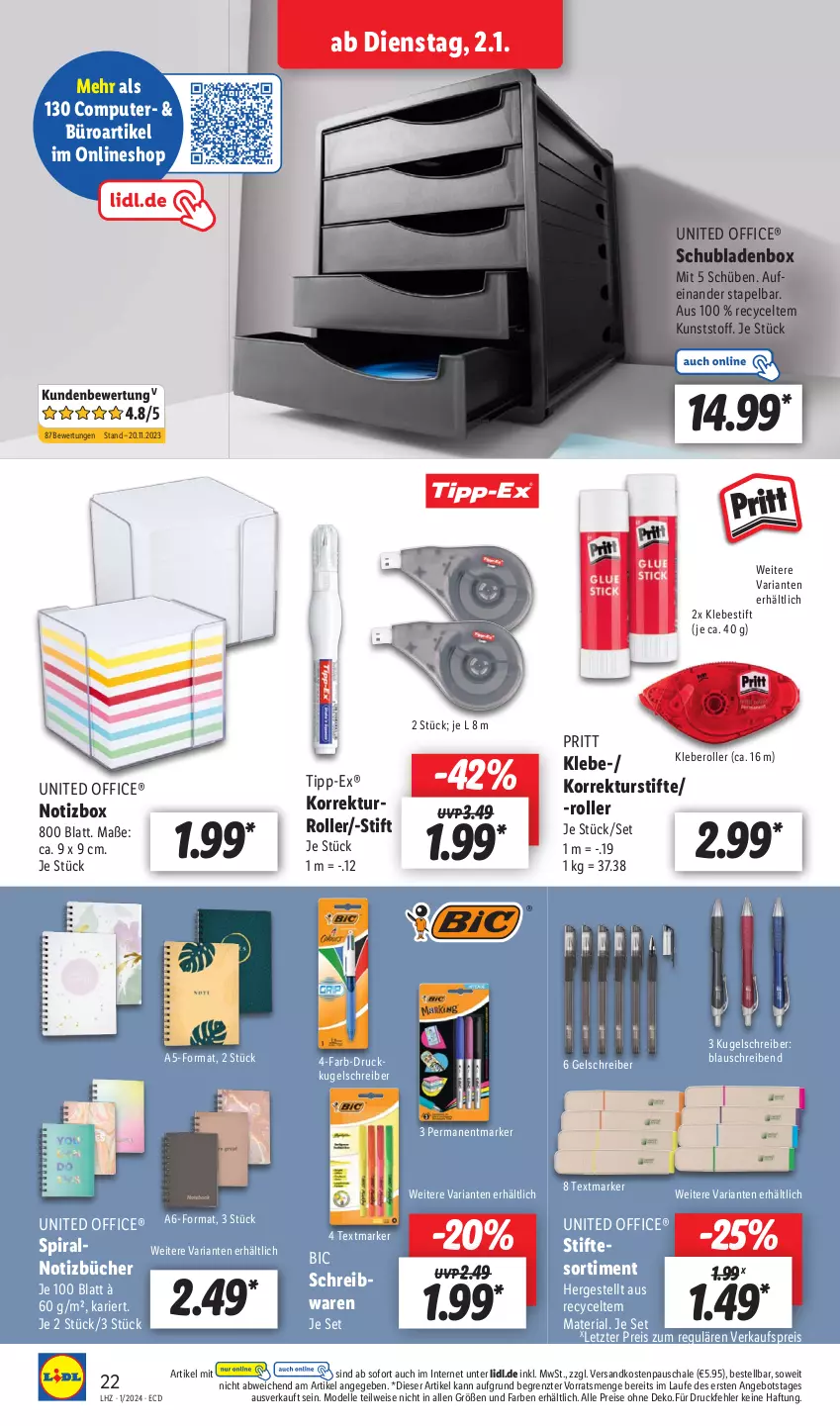 Aktueller Prospekt Lidl - Aktionsprospekt - von 02.01 bis 06.01.2024 - strona 28 - produkty: angebot, computer, dell, eis, elle, kleber, Kugel, kugelschreiber, Mode, ndk, office, pritt, pute, reis, Ria, Roller, Schal, Schale, schreibwaren, schubladen, stifte, textmarker, Ti, ZTE