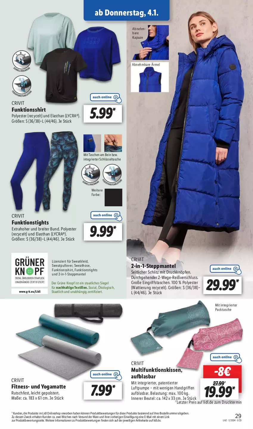 Aktueller Prospekt Lidl - Aktionsprospekt - von 02.01 bis 06.01.2024 - strona 35 - produkty: beutel, Brei, crivit, eis, funktionsshirt, hose, kissen, kleid, Mantel, Pullover, reis, shirt, Steppmante, Sweathose, Sweatkleid, Tasche, taschen, Ti, weck, Yo, ZTE