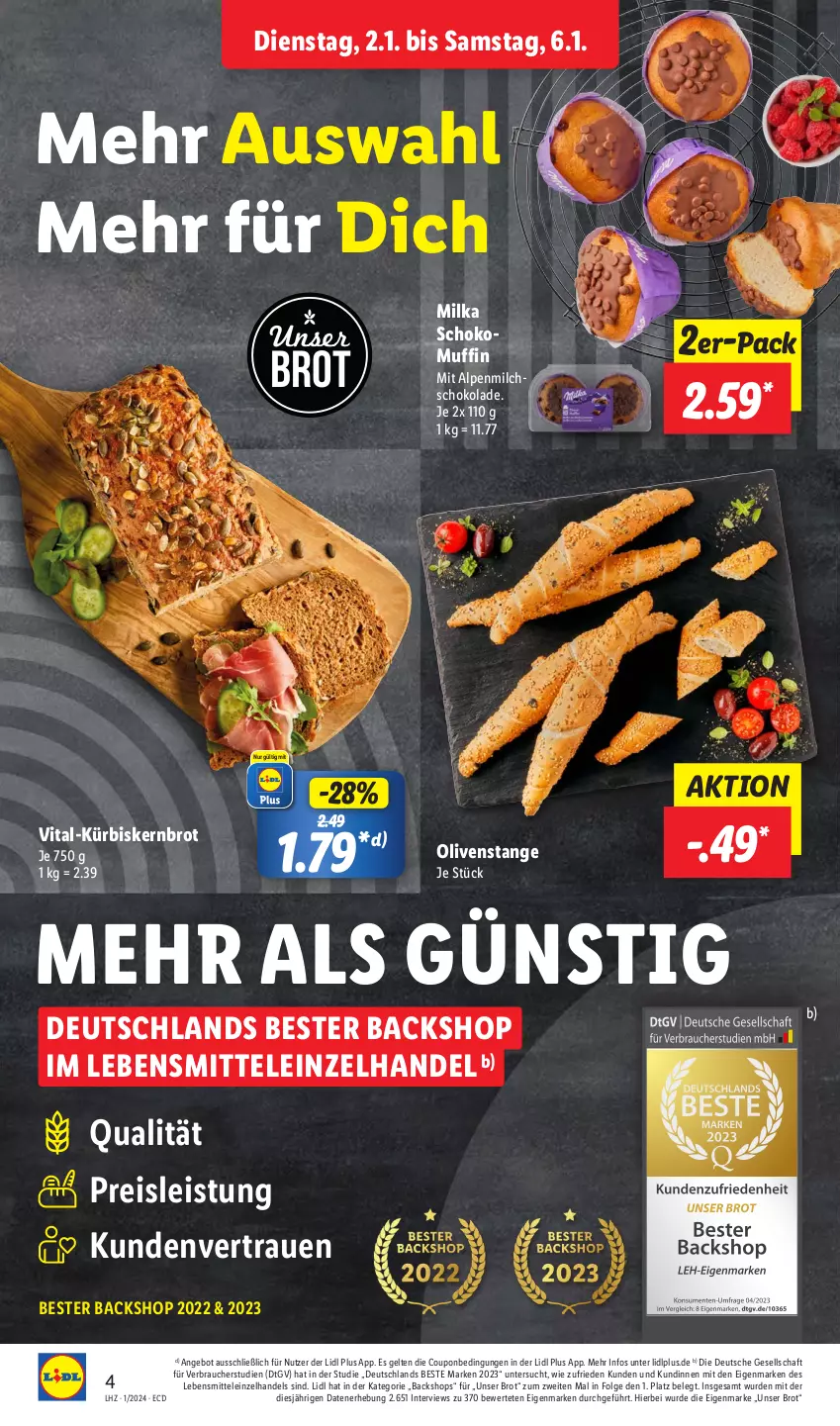 Aktueller Prospekt Lidl - Aktionsprospekt - von 02.01 bis 06.01.2024 - strona 4 - produkty: alpenmilch, angebot, brot, coupon, eis, Kürbis, lebensmittel, LG, milch, milka, Muffin, olive, oliven, Olivenstange, Rauch, reis, schoko, schokolade, Ti, vita