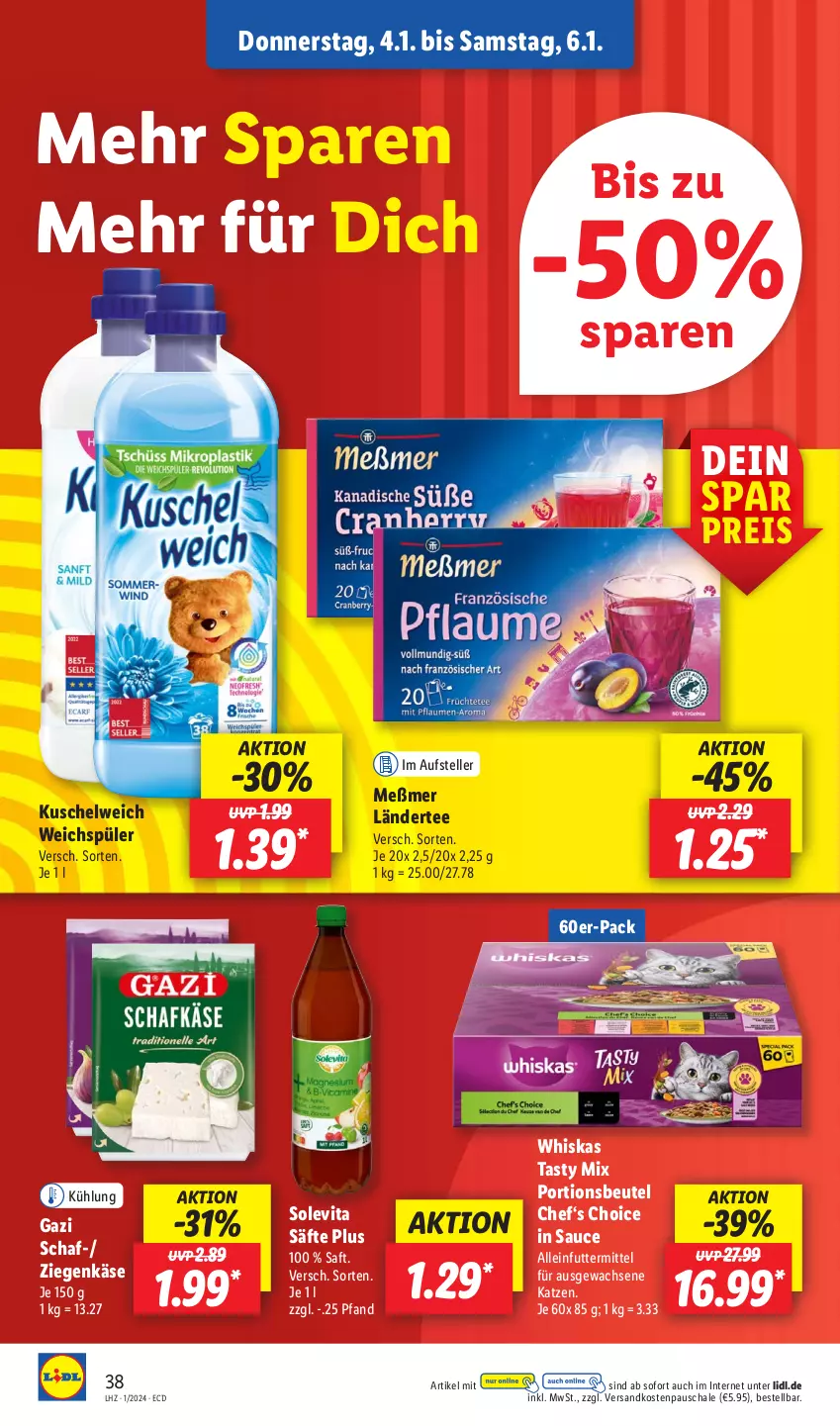 Aktueller Prospekt Lidl - Aktionsprospekt - von 02.01 bis 06.01.2024 - strona 46 - produkty: alleinfuttermittel, beutel, eis, elle, Käse, Kuschelweich, Ländertee, Meßmer, ndk, portionsbeutel, reis, saft, säfte, sauce, Schal, Schale, tee, teller, Ti, vita, weichspüler, whiskas, ziegenkäse