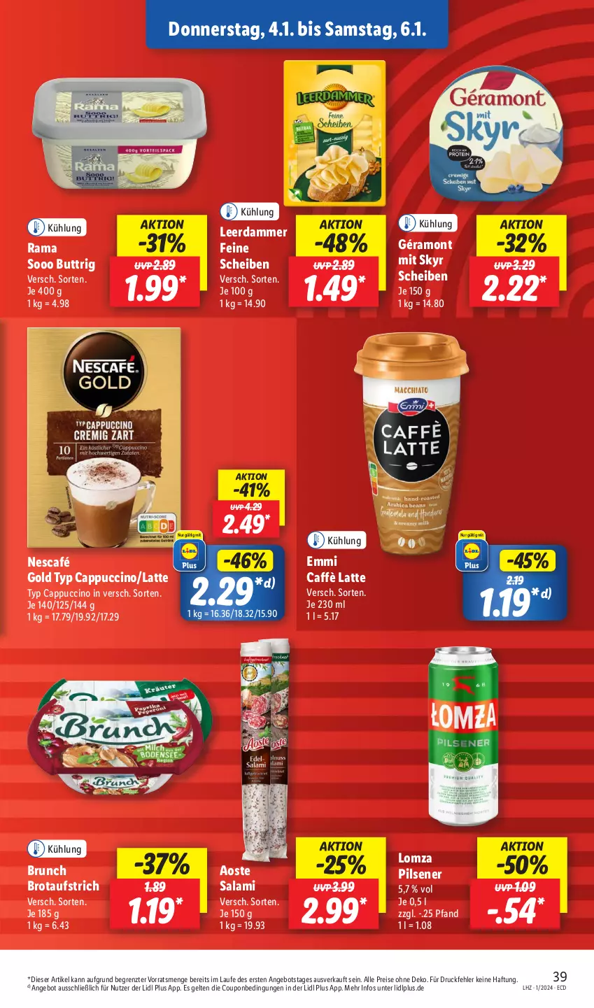 Aktueller Prospekt Lidl - Aktionsprospekt - von 02.01 bis 06.01.2024 - strona 47 - produkty: angebot, aufstrich, brot, brotaufstrich, caffè latte, Cap, cappuccino, cin, coupon, eis, emmi, géramont, latte, leerdammer, Nescafé, nescafé gold, pils, pilsener, rama, reis, salami, Skyr, Ti, ZTE