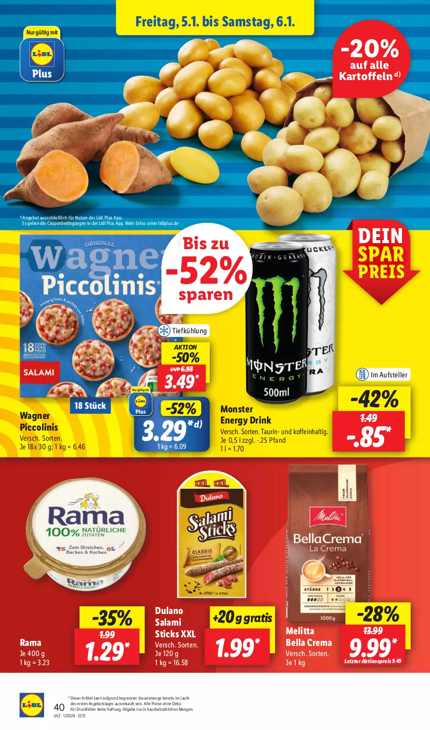 Aktueller Prospekt Lidl - Aktionsprospekt - von 02.01 bis 06.01.2024 - strona 48 - produkty: aktionspreis, angebot, bella crema, coupon, drink, drucker, dulano, eis, elle, energy drink, Engel, kartoffel, kartoffeln, kerze, melitta, monster, Monster Energy, papier, piccolinis, rama, reis, salami, teller, Ti, wagner, ZTE