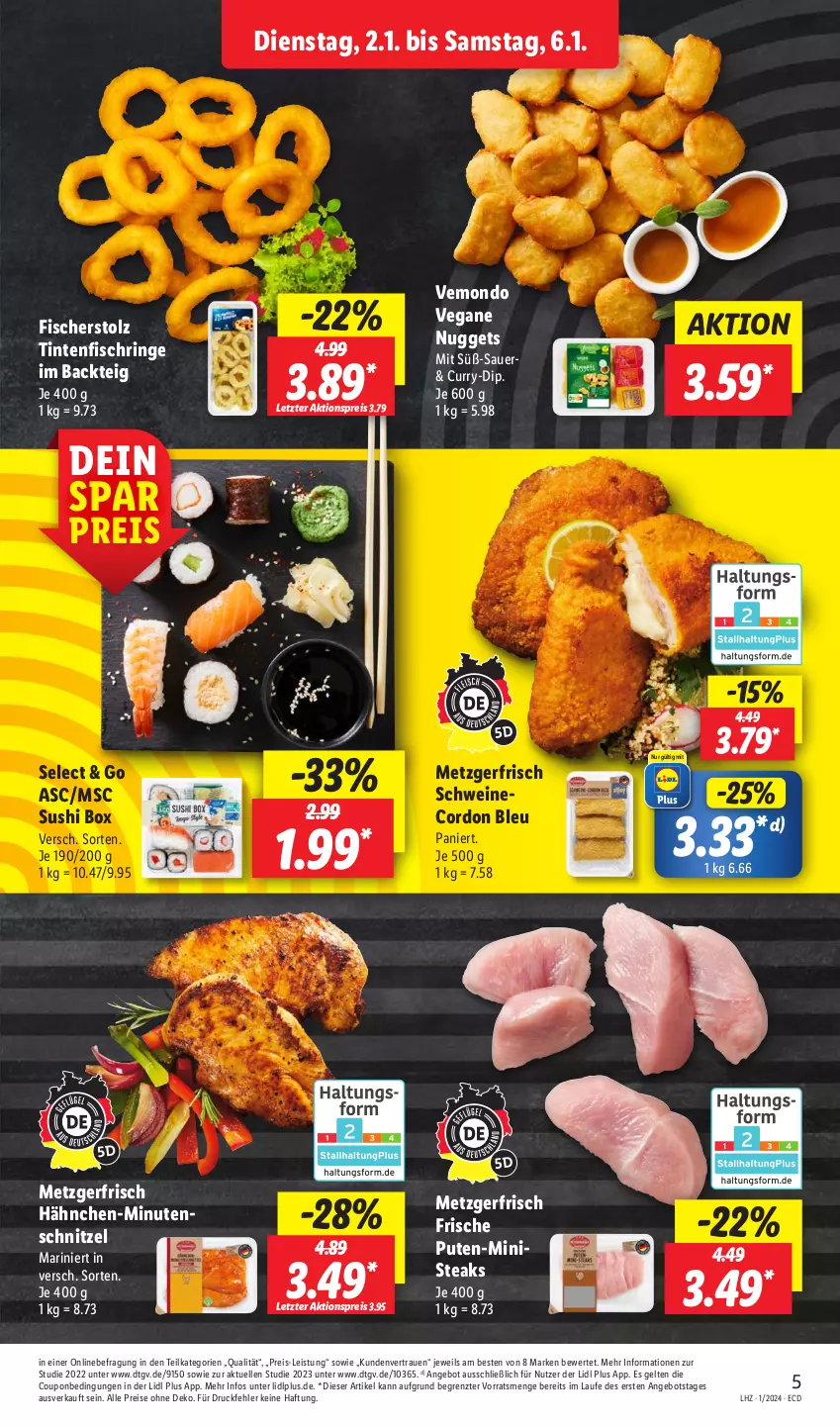 Aktueller Prospekt Lidl - Aktionsprospekt - von 02.01 bis 06.01.2024 - strona 5 - produkty: aktionspreis, angebot, auer, cordon bleu, coupon, curry, dip, eis, elle, fisch, fische, Fischer, minutenschnitzel, nuggets, pute, reis, ring, schnitzel, schwein, schweine, steak, steaks, Sushi, Ti, Tintenfischringe, wein, weine, ZTE