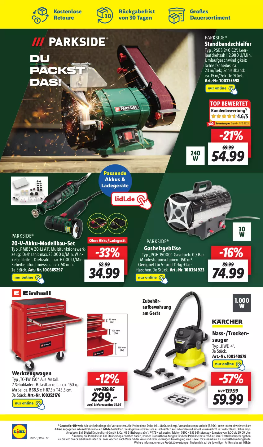 Aktueller Prospekt Lidl - Aktionsprospekt - von 02.01 bis 06.01.2024 - strona 56 - produkty: akku, angebot, angebote, auer, Bandschleifer, Bau, dell, eis, elle, Gasheizgebläse, Heizgebläse, ladegerät, messer, Mode, ndk, Parkside, reis, rel, Schal, Schale, schubladen, telefon, Ti, Trockensauger, uhr, weck, werkzeug, Winkelschleifer