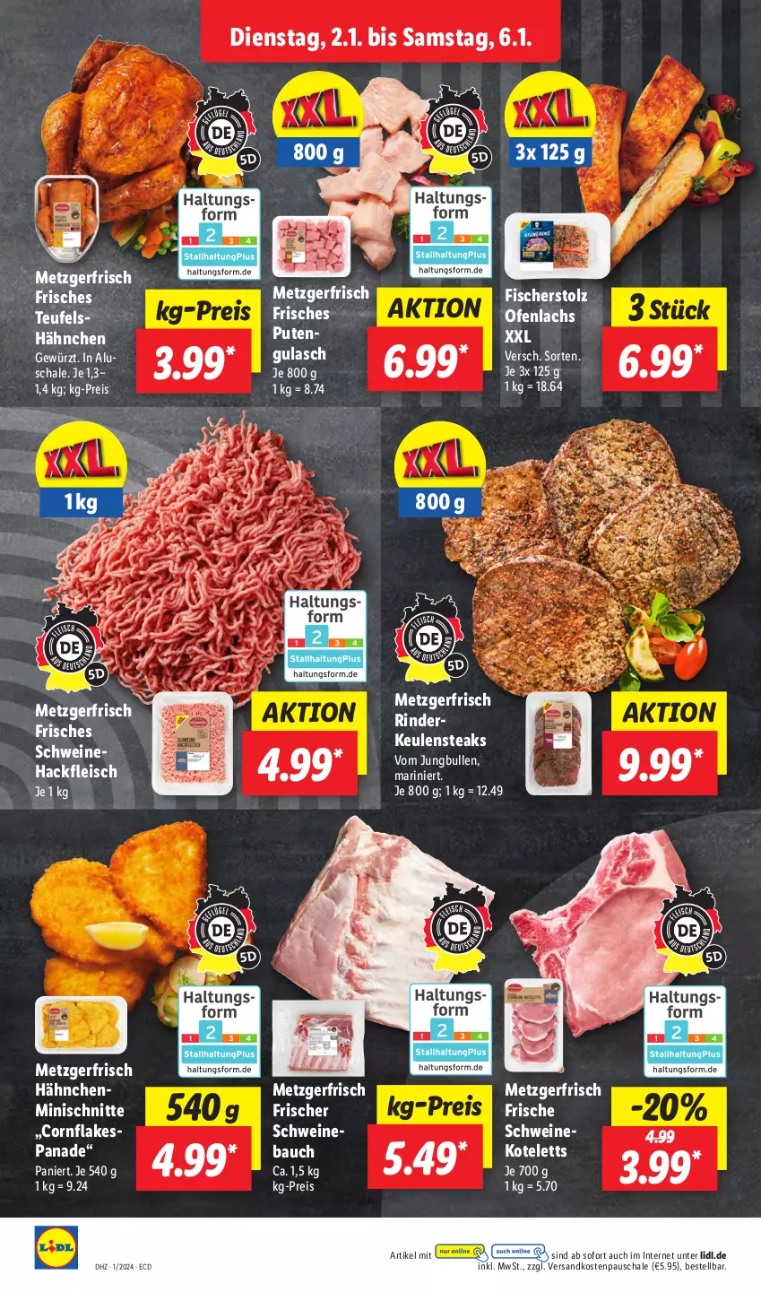 Aktueller Prospekt Lidl - Aktionsprospekt - von 02.01 bis 06.01.2024 - strona 6 - produkty: Bau, eis, fisch, fische, Fischer, flakes, fleisch, gewürz, gulasch, hackfleisch, jungbullen, kotelett, lachs, ndk, Ofen, pute, reis, rind, rinder, Rinderkeule, Schal, Schale, schwein, schweine, Schweinebauch, Schweinehackfleisch, schweinekotelett, steak, steaks, Ti, wein, weine