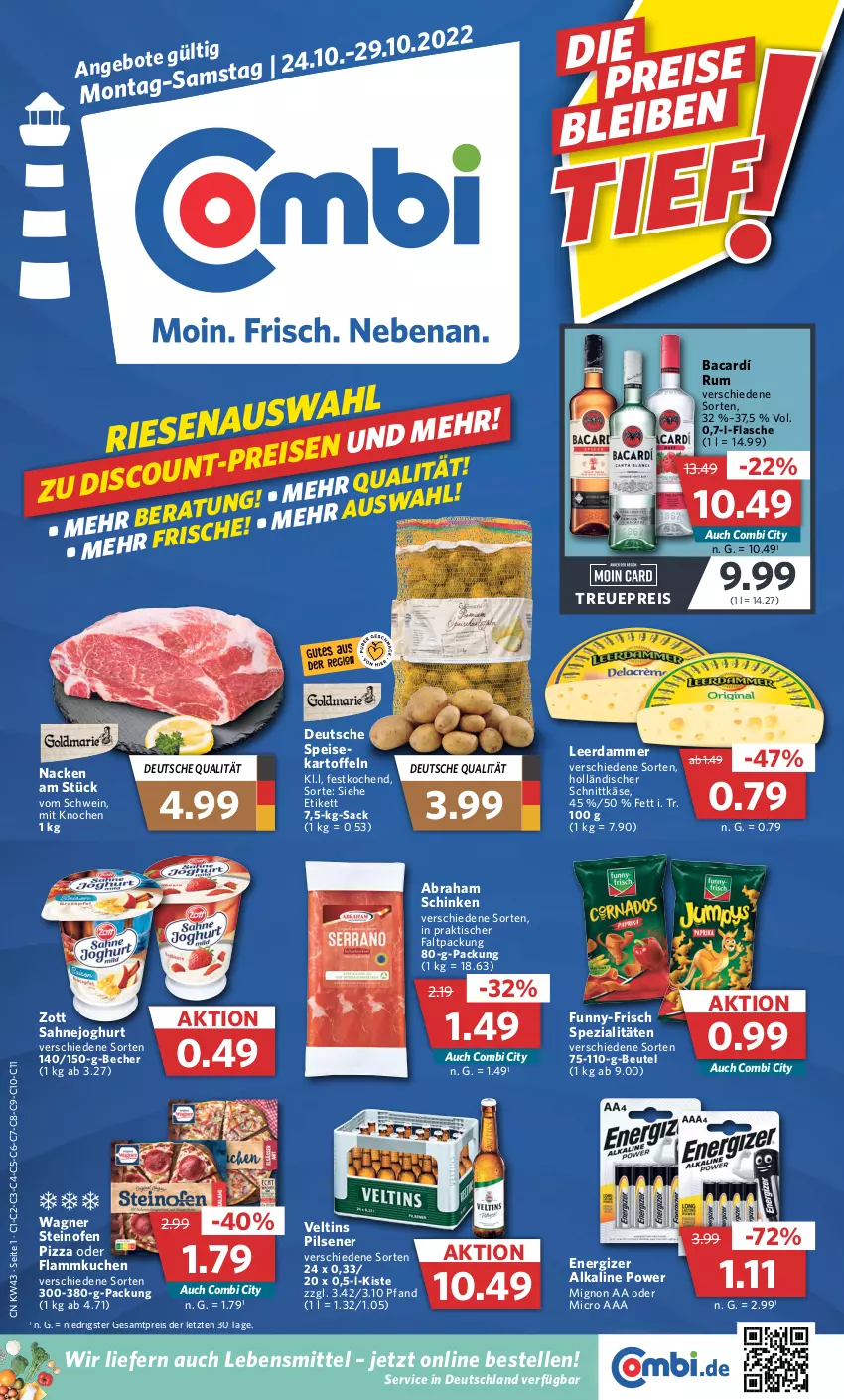 Aktueller Prospekt Combi - Prospekte - von 24.10 bis 29.10.2022 - strona 1 - produkty: Becher, beutel, eis, elle, energizer, flammkuchen, flasche, funny-frisch, holländischer schnittkäse, joghur, joghurt, kartoffel, kartoffeln, Käse, kuchen, lamm, lebensmittel, leerdammer, Ofen, pils, pilsener, pizza, reis, rum, sac, sahne, Sahnejoghurt, schinken, schnittkäse, schwein, Spezi, steinofen, steinofen pizza, Ti, tisch, veltins, veltins pilsener, wagner, wein, zott, ZTE