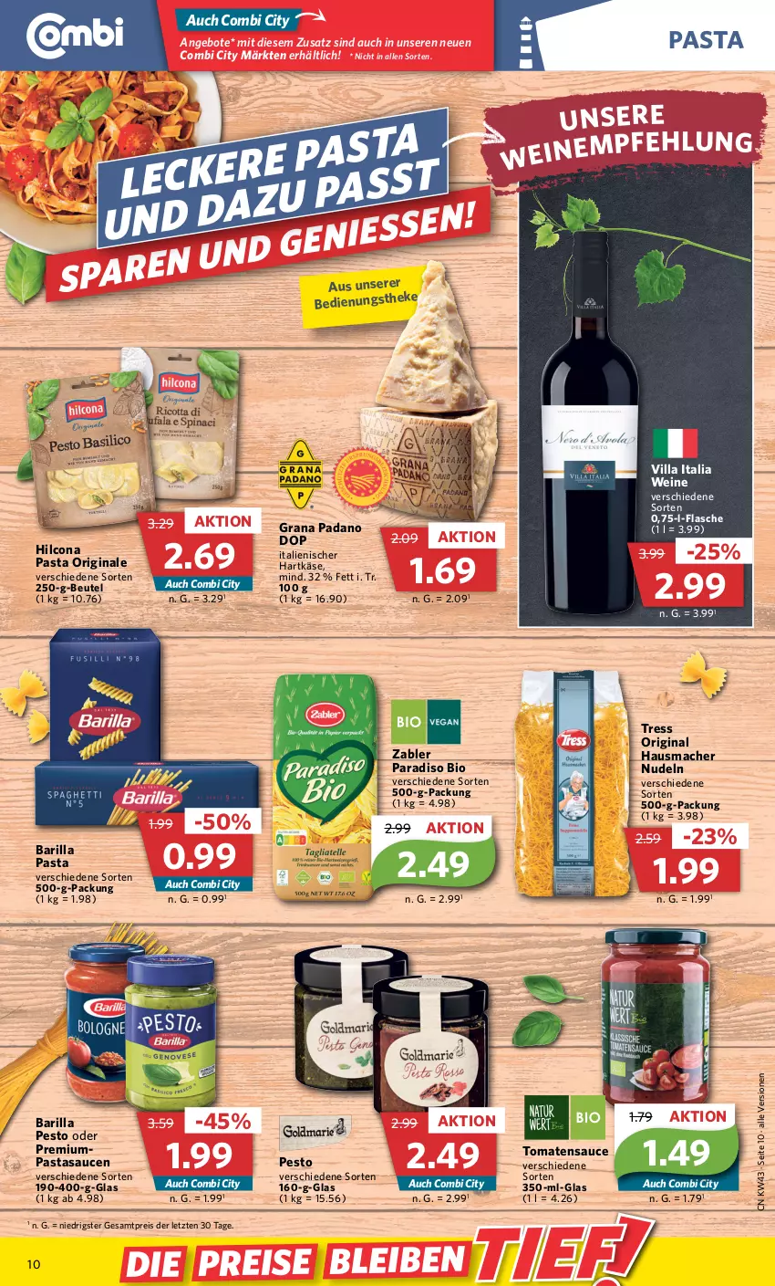 Aktueller Prospekt Combi - Prospekte - von 24.10 bis 29.10.2022 - strona 10 - produkty: angebot, angebote, barilla, beutel, bio, eis, flasche, gin, grana, grana padano, hartkäse, Hausmacher, hilcona, italienischer hartkäse, Käse, mac, nudel, nudeln, padano, pasta, pesto, Rana, reis, sauce, saucen, Ti, tomate, tomaten, tomatensauce, wein, weine, Zabler, ZTE