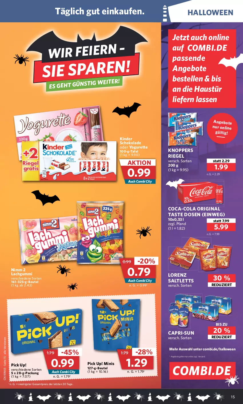 Aktueller Prospekt Combi - Prospekte - von 24.10 bis 29.10.2022 - strona 15 - produkty: angebot, angebote, aust, beutel, Cap, capri-sun, coca-cola, cola, eier, eis, elle, gin, Kinder, kinder schokolade, knoppers, lachgummi, lorenz, Nimm 2, oder yogurette, Pick Up!, reis, riegel, saltletts, schoko, schokolade, Ti, Yo, yogurette, ZTE