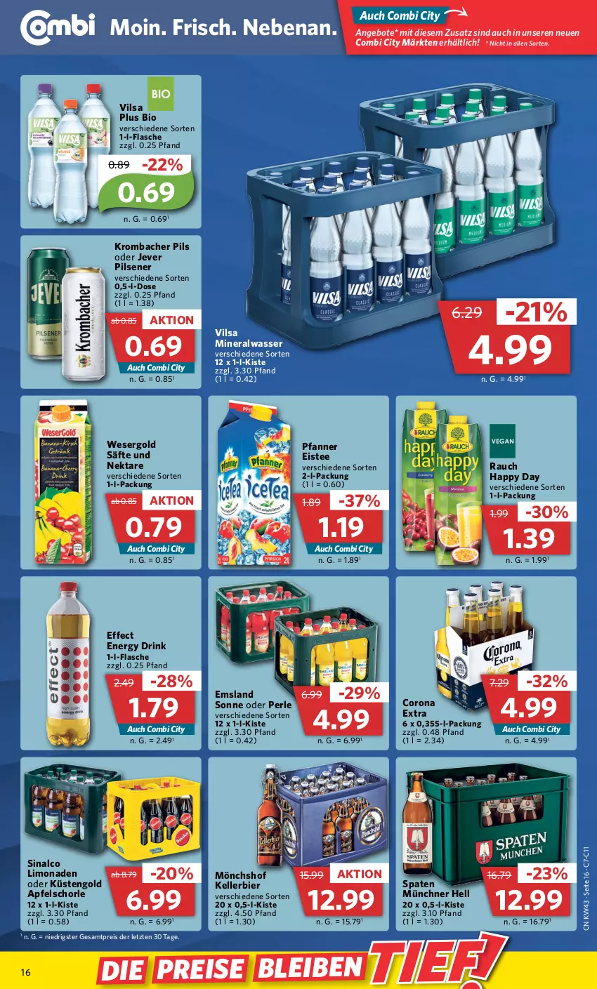 Aktueller Prospekt Combi - Prospekte - von 24.10 bis 29.10.2022 - strona 16 - produkty: Alwa, angebot, angebote, apfel, Apfelschorle, bier, bio, corona, corona extra, drink, Effect, eis, eistee, elle, energy drink, flasche, Happy Day, jever, jever pilsener, kellerbier, krombache, krombacher, krombacher pils, küstengold, limo, limonade, limonaden, mineralwasser, mönchshof, Nektar, pfanne, Pfanner, pils, pilsener, Rauch, reis, säfte, schorle, sinalco, Spaten, tee, Ti, vilsa, wasser, ZTE