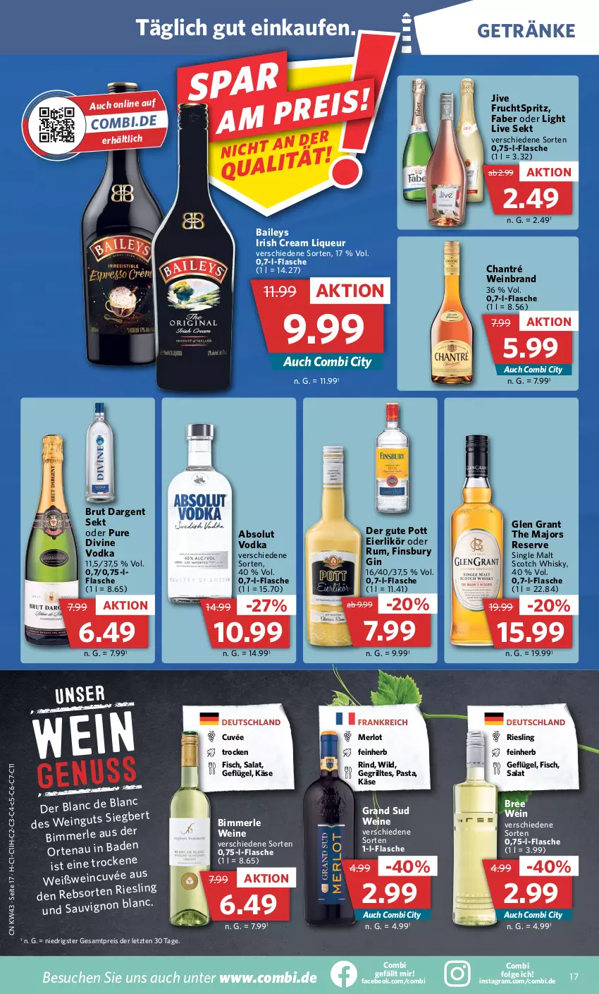 Aktueller Prospekt Combi - Prospekte - von 24.10 bis 29.10.2022 - strona 17 - produkty: Absolut Vodka, baileys, bree, brut, brut dargent, chantré, cuvée, eier, eierlikör, eis, finsbury, fisch, flasche, frucht, Geflügel, getränk, getränke, gin, Glen Grant, grand sud, grill, irish cream, Käse, LG, likör, liqueur, merl, merlot, pasta, reis, riesling, rind, rum, salat, scotch, scotch whisky, sekt, single malt, Ti, vodka, wein, weinbrand, weine, Weißwein, whisky, Wild, ZTE