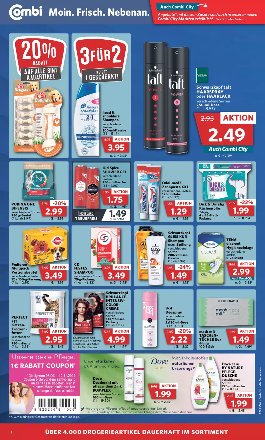 Aktueller Prospekt Combi - Prospekte - von 24.10 bis 29.10.2022 - strona 18 - produkty: angebot, angebote, arla, auer, beutel, bio, brillance, Colorationen, coupon, creme, deo, deodorant, deospray, Discreet, dove, dusche, eis, flasche, gliss, gliss kur, Haarlack, haarspray, küche, Küchen, küchenrolle, lack, mac, natur, Odol, Old Spice, pasta, pedigree, Perfect Fit, pflanze, pflanzen, portionsbeutel, purina, reis, schwarzkop, schwarzkopf, shampoo, shampoo oder spülung, spülung, Taft, Tasche, taschen, Ti, tisch, tücher, zahnpasta, ZTE