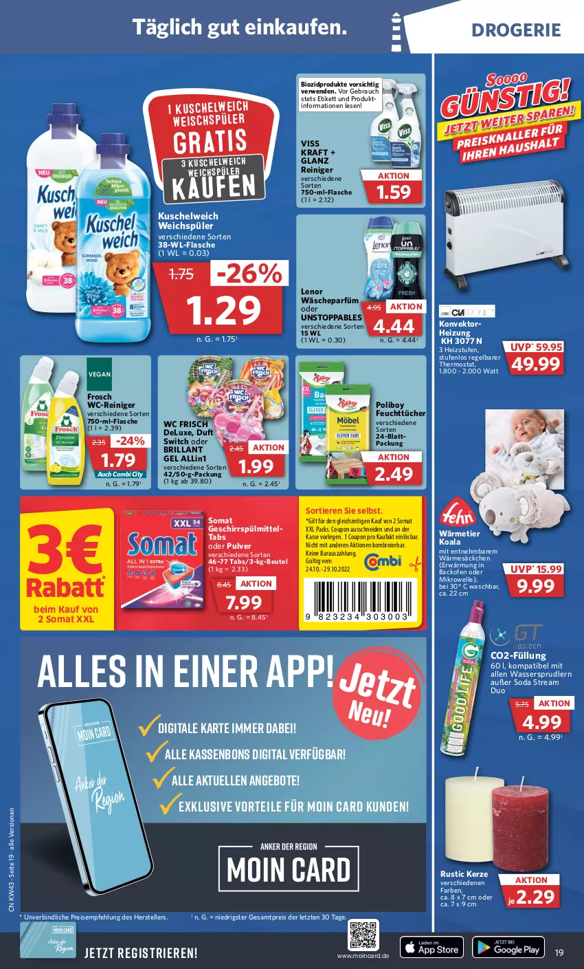 Aktueller Prospekt Combi - Prospekte - von 24.10 bis 29.10.2022 - strona 19 - produkty: angebot, angebote, backofen, beutel, bio, biozidprodukte, coupon, eis, elle, feuchttücher, flasche, Frosch, kerze, kraft, Kuschelweich, lenor, mikrowelle, Ofen, Rauch, reiniger, reis, rwe, Soda, somat, spülmittel, teller, thermostat, Ti, Tiere, tücher, wäscheparfüm, wasser, wassersprudler, wc frisch, wc-reiniger, weichspüler, ZTE