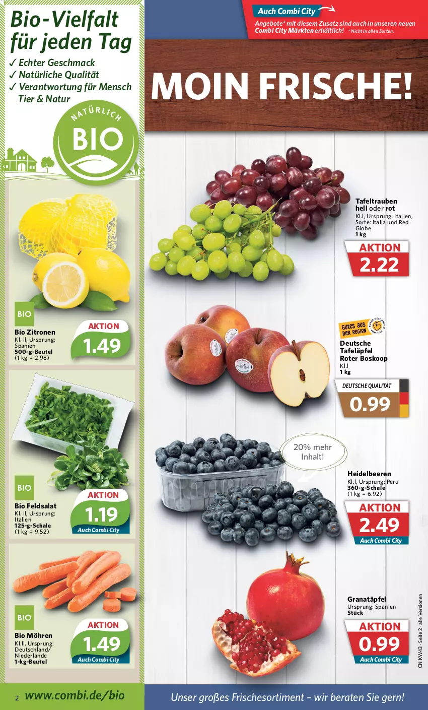 Aktueller Prospekt Combi - Prospekte - von 24.10 bis 29.10.2022 - strona 2 - produkty: angebot, angebote, beere, beeren, beutel, bio, feldsalat, grana, Granatäpfel, heidelbeere, heidelbeeren, mac, möhren, natur, Rana, salat, Schal, Schale, tafeläpfel, tafeltrauben, Ti, trauben, zitrone, zitronen