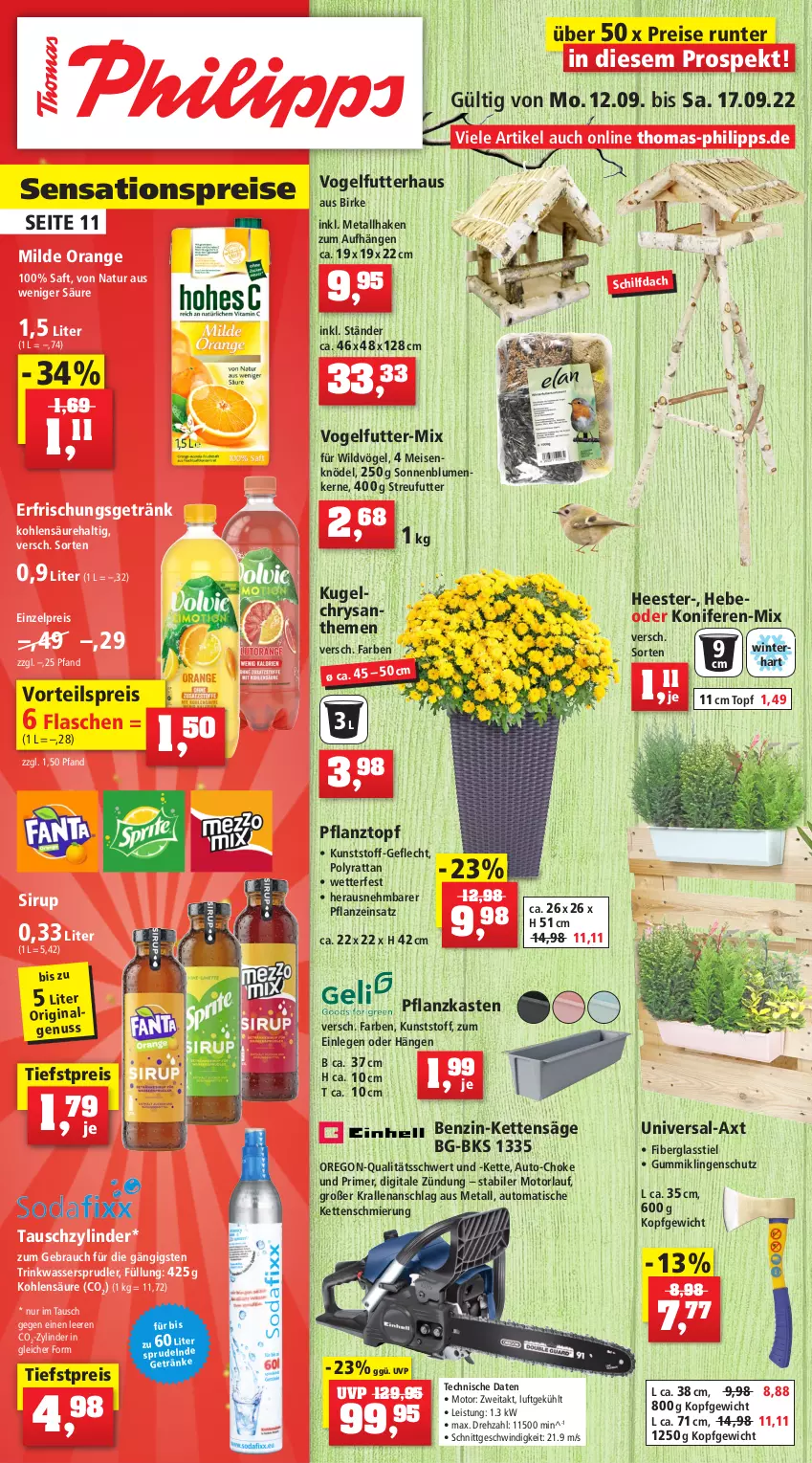 Aktueller Prospekt Thomas Philipps - Prospektwerbung - von 12.09 bis 17.09.2022 - strona 1 - produkty: auto, blume, blumen, chrysanthemen, eis, erfrischungsgetränk, flasche, getränk, gin, Kette, Knödel, Konifere, Kugel, Meisenknödel, natur, orange, pflanze, Pflanzkasten, Pflanztopf, Rauch, reis, saft, säge, sensations, sirup, sonnenblume, sonnenblumen, Sonnenblumenkerne, Streufutter, Ti, tisch, topf, Vogelfutter, vorteilspreis, wasser, wassersprudler, Wild