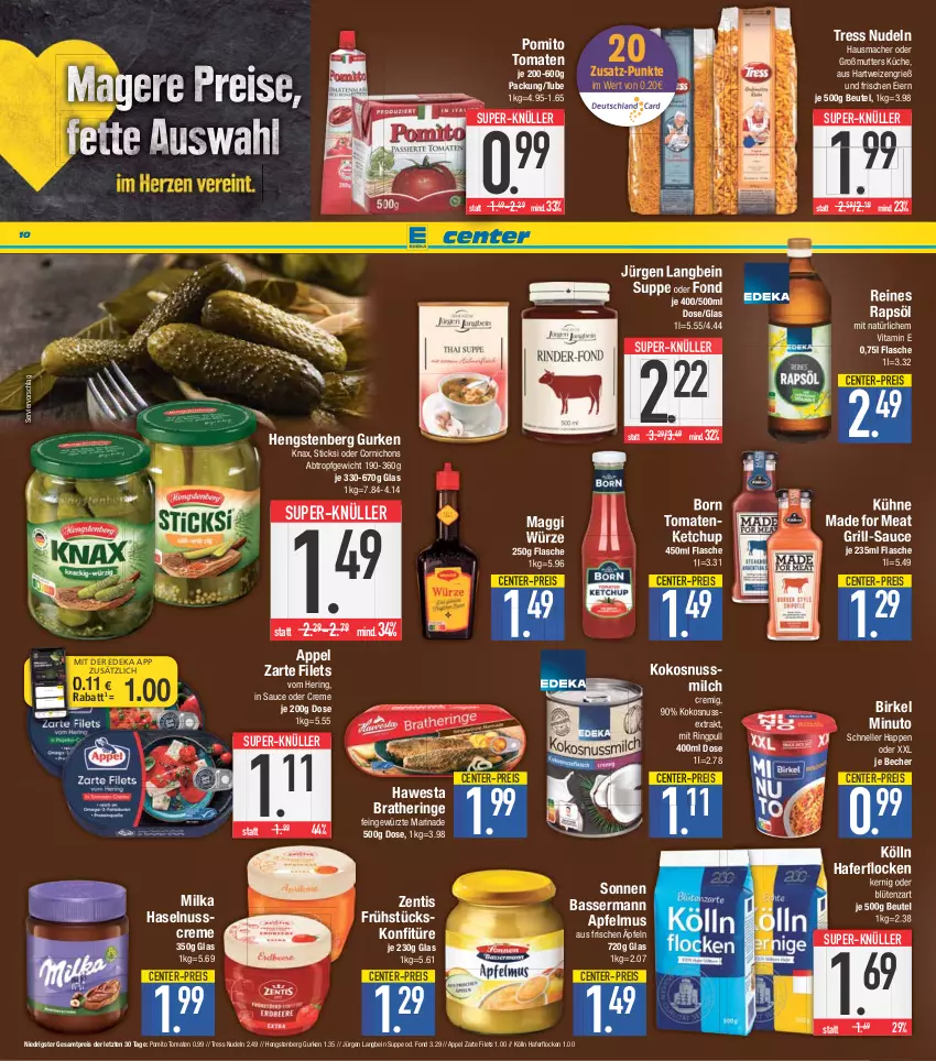 Aktueller Prospekt E Center - Angebote der Woche - von 27.03 bis 01.04.2023 - strona 10 - produkty: apfel, apfelmus, Becher, beutel, birkel, Blüte, Bratheringe, coupon, creme, deka, eier, eis, elle, ente, filet, filets, flasche, gewürz, grill, gurke, gurken, hafer, haferflocken, hartweizen, haselnuss, Haselnusscreme, Hausmacher, hawesta, hengstenberg, Hengstenberg Gurken, hering, ketchup, kokos, kokosnuss, Kokosnussmilch, kölln, konfitüre, küche, Kühne, mac, maggi, maggi würze, marinade, milch, milka, nudel, nudeln, nuss, pomito, rapsöl, reines rapsöl, reis, ring, sauce, super-knüller, suppe, Ti, tomate, tomaten, tomatenketchup, vita, zentis, ZTE