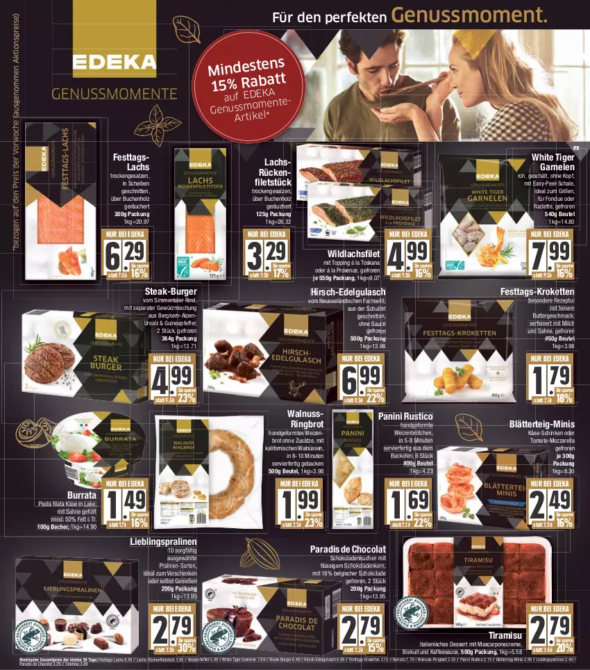 Aktueller Prospekt E Center - Angebote der Woche - von 27.03 bis 01.04.2023 - strona 11 - produkty: backofen, Becher, beutel, blätterteig, brot, brötchen, buch, burger, Burrata, butter, cola, creme, deka, dessert, eis, ente, filet, filets, Fondue, garnelen, geback, gewürz, Gewürzmischung, grill, gulasch, Holz, ideal zum grillen, Italienisches Dessert, kaffee, Käse, Kette, Kroketten, kuchen, lachs, lachsfilet, LG, mac, mascarpone, milch, mozzarella, nuss, Ofen, pasta, pfeffer, pralinen, reis, rel, rezept, rind, ring, sahne, salz, sauce, Schal, Schale, schinken, schnitten, schoko, schokolade, schokoladen, sim, steak, Ti, tiramisu, tomate, walnuss, Weizenbrot, weizenbrötchen, Wild, wildlachs, ZTE