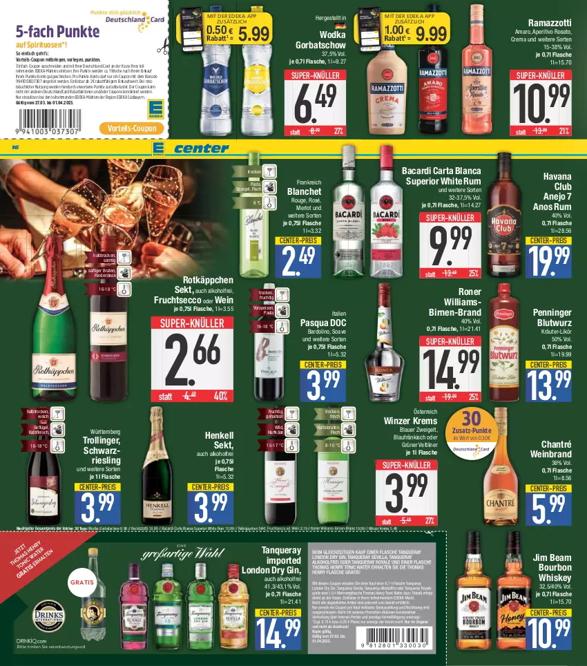 Aktueller Prospekt E Center - Angebote der Woche - von 27.03 bis 01.04.2023 - strona 16 - produkty: alkohol, amaro, aperitivo rosato, auer, bacardi, Birnen, blauer zweigelt, bourbon, bourbon whiskey, braten, chantré, coupon, coupons, deka, deutschlandcard, dry gin, ecco, eis, ente, erde, fisch, flasche, fleisch, frucht, fruchtsecco, Geflügel, gin, Gorbatschow, grüner veltliner, hartkäse, Havana Club, henkel, henkell, henkell sekt, jim beam, Kalbfleisch, Käse, kräuter, likör, london dry, london dry gin, merl, merlot, nuss, pasta, Penninger Blutwurz, rama, ramazzott, ramazzotti, reis, riesling, rind, rinder, Rindersteak, ring, rosato, rotkäppchen, rouge, rum, saft, schwarzriesling, sekt, spargel, spirituosen, steak, super-knüller, Tanqueray, Ti, trolli, trollinger, vorspeise, wein, weinbrand, whiskey, white rum, Wild, wodka, zott, ZTE, Zweigelt