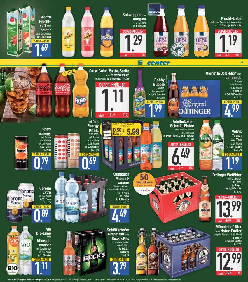 Aktueller Prospekt E Center - Angebote der Woche - von 27.03 bis 01.04.2023 - strona 17 - produkty: adelholzener, Alwa, bier, bio, coca-cola, cola, corona, corona extra, coupon, deka, drink, Effect, eis, eistee, energy drink, ente, erdinger, fanta, flasche, frucht, fruchtsaft, getränk, gin, grapefruit, Holz, Kinder, krumbach, limo, limonade, mac, Mezzo Mix, mineralwasser, Mineralwasser Classic, mönchshof, natur, Nektar, nuss, orange, orangina, pet-flasche, pils, radler, reis, rel, robby, rum, saft, schöfferhofer, schorle, schweppes, Spezi, sprite, super-knüller, tee, Ti, volvic, wasser, zitrone, ZTE