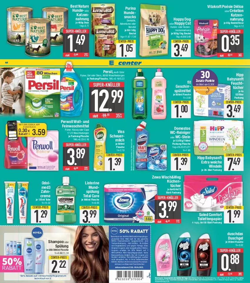 Aktueller Prospekt E Center - Angebote der Woche - von 27.03 bis 01.04.2023 - strona 18 - produkty: adventuros, beutel, bio, Cap, coupon, coupons, creme, deka, domestos, duschdas, duschgel, eier, eis, ente, erde, feinwaschmittel, feuchttücher, flasche, geschirr, geschirrspülmittel, gin, haarpflege, Happy Cat, Heu, hipp, hundesnack, hundesnacks, katzennahrung, kraft, küche, Küchen, küchentücher, listerine, milch, mundspülung, natur, nivea, Nivea Men, nuss, Odol, papier, persil, perwoll, purina, Rauch, reiniger, reis, rwe, scheuermilch, shampoo, shampoo oder spülung, snack, snacks, spülmittel, spülung, super-knüller, Ti, toilettenpapier, total care, Trockennahrung, Trockenshampoo, tücher, vita, vitakraft, waschmittel, wc-reiniger, windeln, zahncreme, zewa, ZTE