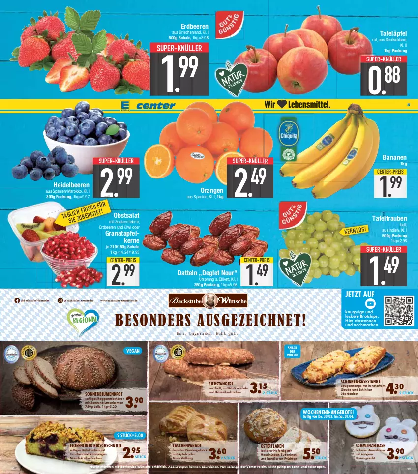 Aktueller Prospekt E Center - Angebote der Woche - von 27.03 bis 01.04.2023 - strona 3 - produkty: angebot, angebote, apfel, banane, bananen, beere, beeren, bier, blume, blumen, brot, chips, Datteln, eier, eis, ente, erdbeere, erdbeeren, Florentiner, früchte, früchten, gouda, grana, granatapfel, granatapfelkerne, Hefe, heidelbeere, heidelbeeren, Käse, kirsch, kirsche, kirschen, kiwi, kuchen, Laugenstange, Lusti, mac, mandel, mandeln, melone, mit röstzwiebeln, obst, orange, orangen, Plunder, quark, Rana, reis, röstzwiebeln, saft, salat, Schal, Schale, schinken, sonnenblume, sonnenblumen, Sonnenblumenbrot, Sonnenblumenkerne, sonnenblumenkernen, stube, super-knüller, tafeläpfel, tafeltrauben, Tasche, taschen, Ti, trauben, zucker, Zuckermelone, zwiebel, zwiebeln