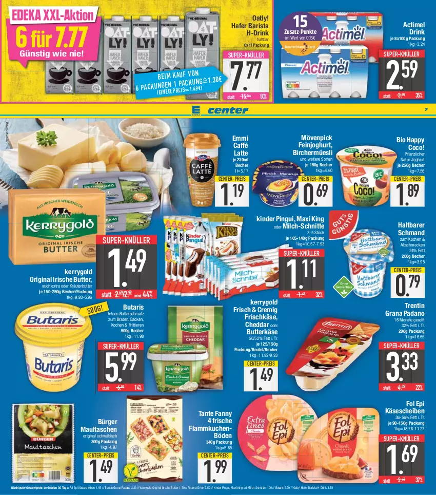 Aktueller Prospekt E Center - Angebote der Woche - von 27.03 bis 01.04.2023 - strona 7 - produkty: actimel, actimel drink, Becher, beutel, bio, braten, butter, butterkäse, Butterschmalz, caffè latte, cheddar, drink, eis, emmi, ente, feinjoghurt, flammkuchen, fol epi, frischkäse, gin, grana, grana padano, hafer, irische butter, joghur, joghurt, Käse, käsescheiben, kerrygold, Kinder, kinder pingui, kräuter, kräuterbutter, kuchen, lamm, latte, malz, maultaschen, milch, milch-schnitte, mövenpick, natur, oder kräuter, padano, pingui, Rana, reis, Schmalz, schmand, super-knüller, tante fanny, Tasche, taschen, Ti, Tiere, ZTE