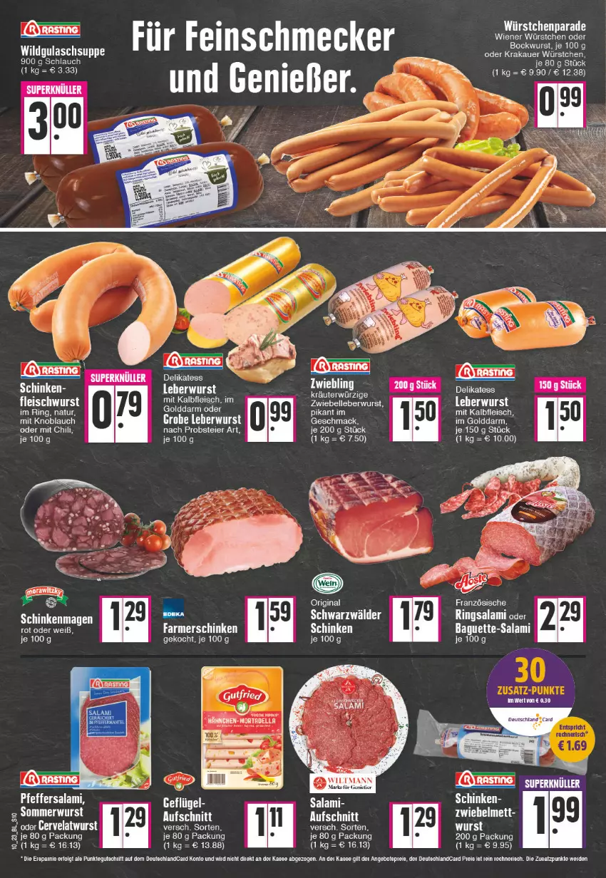 Aktueller Prospekt Edeka - Angebote der Woche - von 06.03 bis 11.03.2023 - strona 10 - produkty: angebot, angebote, auer, baguette, Baguette-Salami, bett, bockwurst, chili, eier, eis, elle, fleisch, fleischwurst, gin, gulasch, Gulaschsuppe, Kalbfleisch, knoblauch, krakauer, leberwurst, LG, mac, Mett, mit knoblauch, natur, obst, pfeffer, ring, salami, schinken, schlauch, suppe, tee, tesa, Ti, wiener, wiener würstchen, Wild, wiltmann, wurst, würstchen, zwiebel