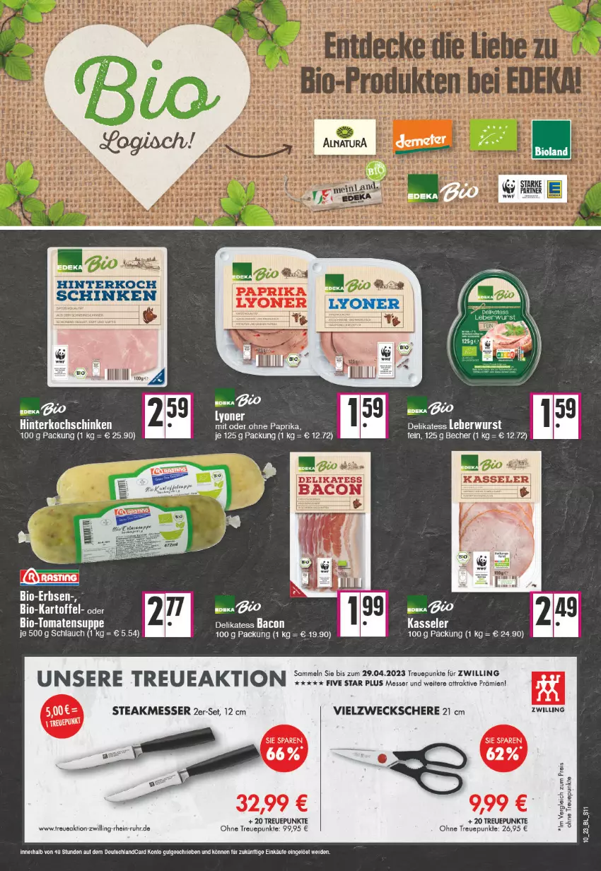 Aktueller Prospekt Edeka - Angebote der Woche - von 06.03 bis 11.03.2023 - strona 11 - produkty: bacon, bio, eis, erbsen, kartoffel, kasseler, leberwurst, lyoner, messer, paprika, reis, Schere, schinken, schlauch, steak, suppe, Ti, tomate, tomaten, Tomatensuppe, uhr, weck, wurst, Yo