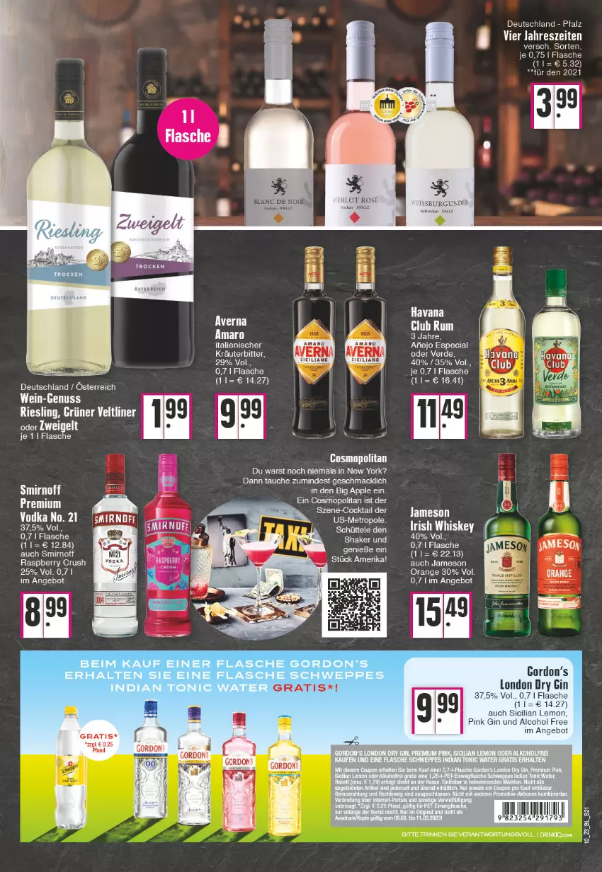 Aktueller Prospekt Edeka - Angebote der Woche - von 06.03 bis 11.03.2023 - strona 21 - produkty: amaro, angebot, Apple, burgunder, Cien, cocktail, drink, dry gin, flasche, gin, gordon, Gordon’s, grüner veltliner, jameson, kräuter, london dry, london dry gin, mac, nuss, orange, raspberry, riesling, rum, smirnoff, tee, Ti, vodka, wein, Weste, whiskey, Yo