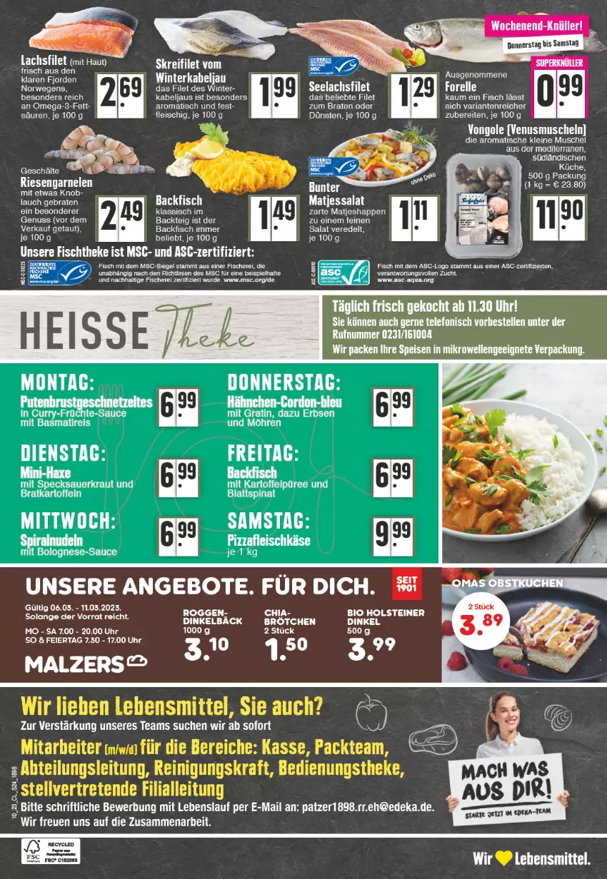 Aktueller Prospekt Edeka - Angebote der Woche - von 06.03 bis 11.03.2023 - strona 24 - produkty: angebot, angebote, aqua, backfisch, bio, braten, brötchen, chia, deka, eier, eis, elle, ente, erbsen, filet, fisch, fische, Fischer, fischtheke, fleisch, forelle, holsteiner, küche, lachs, lachsfilet, lebensmittel, leine, matjes, möhren, nuss, omega, Omega-3, papier, rel, Ria, rwe, salat, Schere, seelachsfilet, steiner, telefon, Ti, tisch, uhr