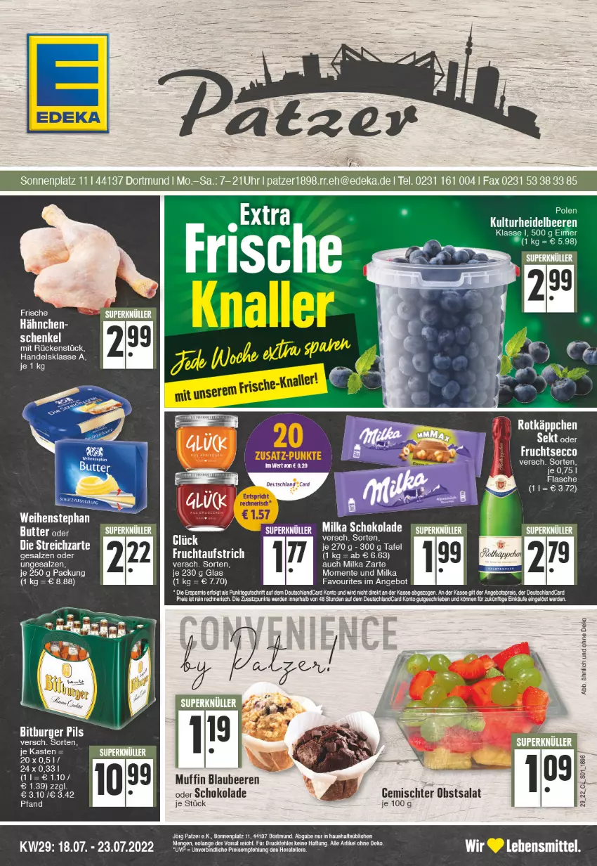 Aktueller Prospekt Edeka - Angebote der Woche - von 18.07 bis 23.07.2022 - strona 1 - produkty: angebot, asti, aufstrich, beere, beeren, bett, Blaubeer, blaubeere, butter, deka, deutschlandcard, eimer, eis, ente, erde, frucht, fruchtaufstrich, lebensmittel, LG, milka, milka schokolade, Muffin, obst, reis, salat, salz, schoko, schokolade, sekt, Streichzart, Ti, tisch, uhr, weihenstephan